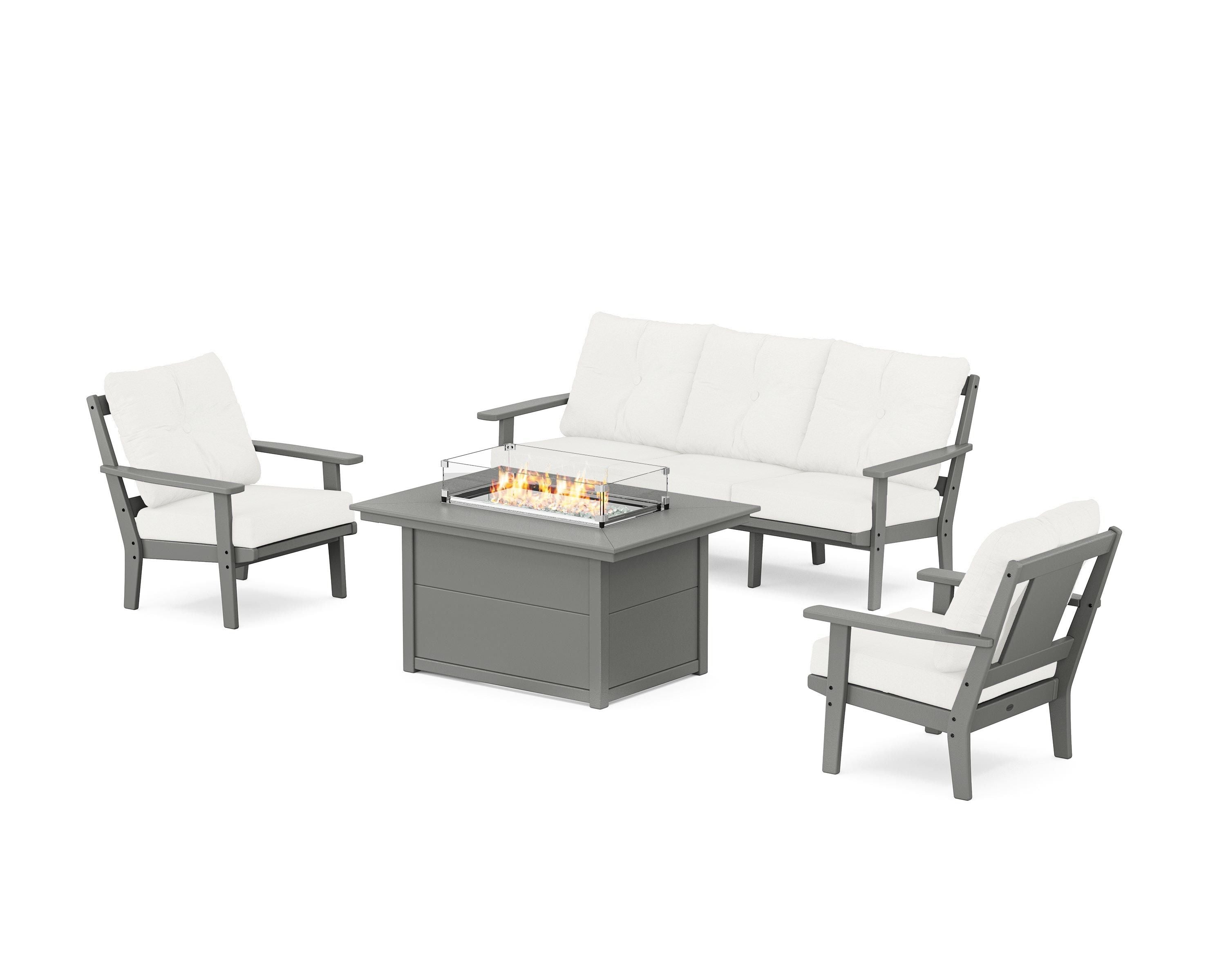 POLYWOOD® Prairie Deep Seating Fire Pit Table Set in Slate Grey / Natural Linen