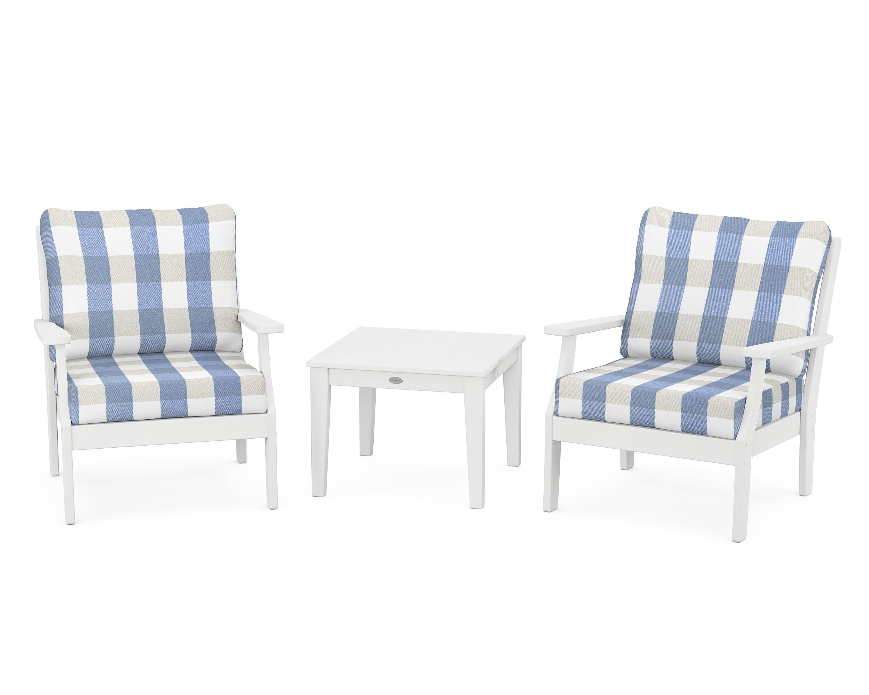 POLYWOOD® Braxton 3-Piece Deep Seating Set in White / Buffalo Plaid Sky Blue