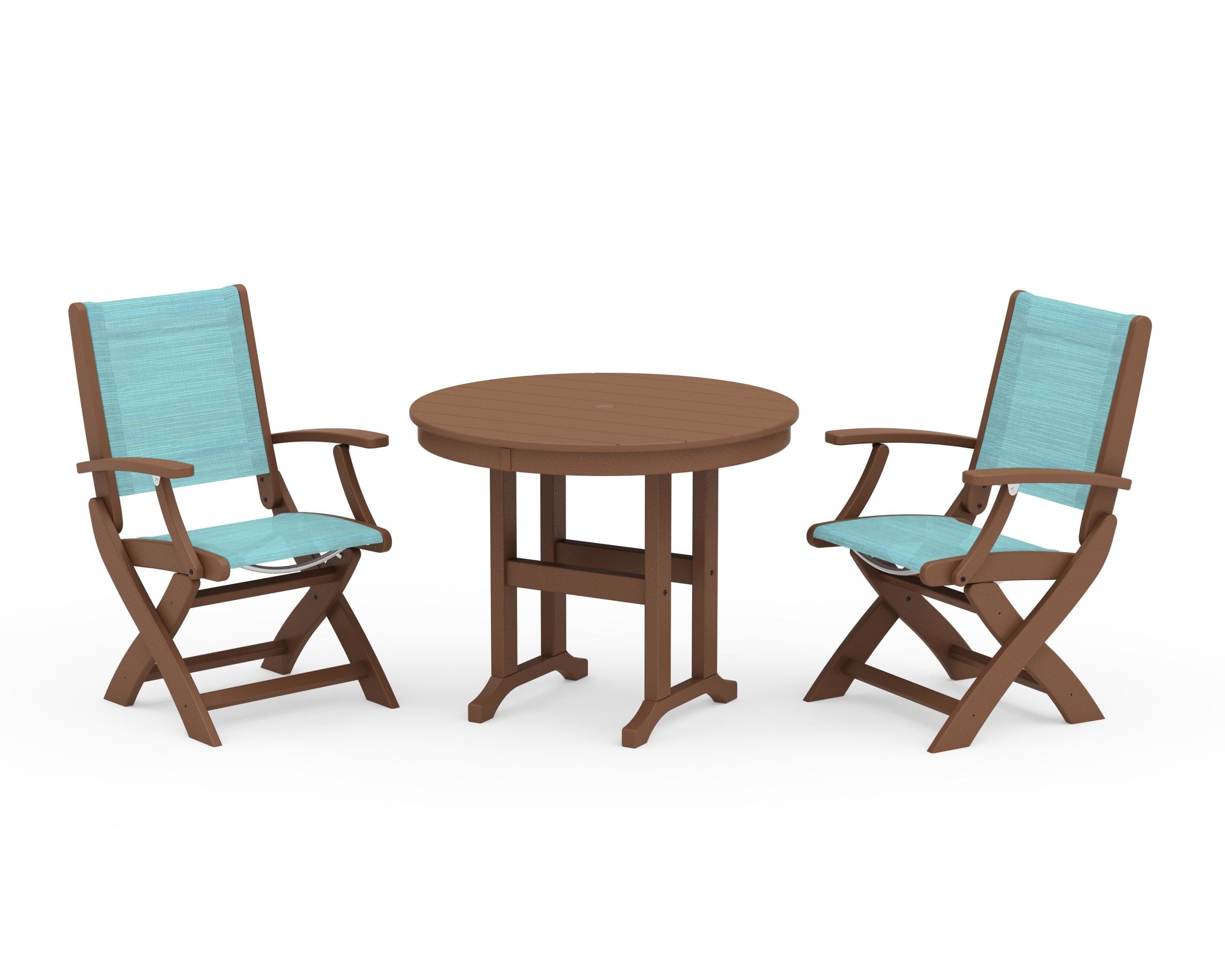 POLYWOOD® Coastal Folding Chair 3-Piece Round Dining Set in Teak / Dupioni Aquamarine Sling
