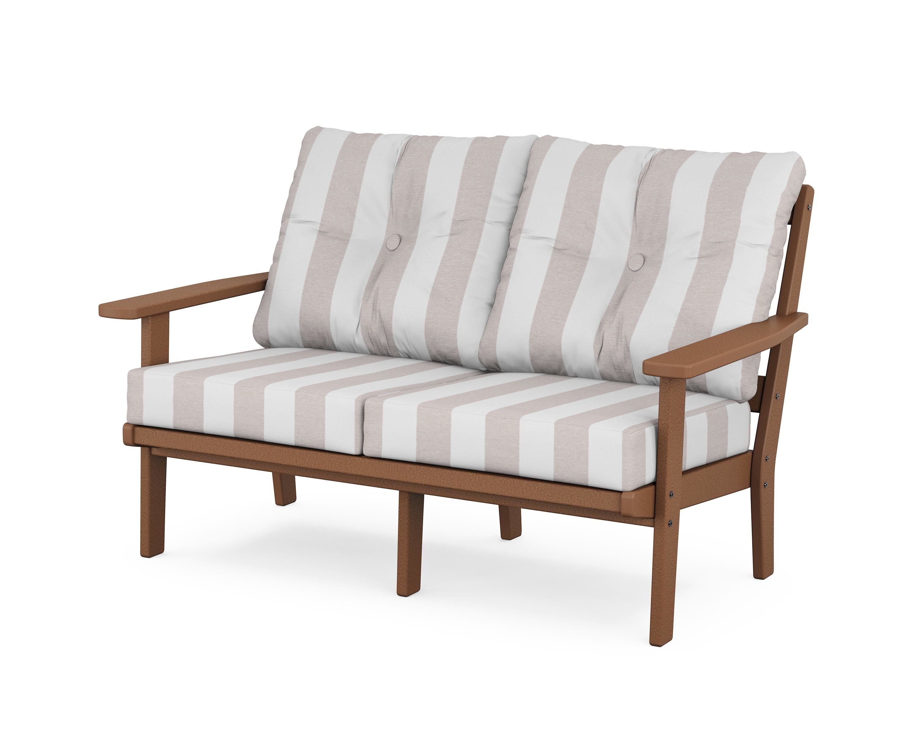 POLYWOOD® Oxford Deep Seating Loveseat in Teak / Cabana Stripe Dune Burlap