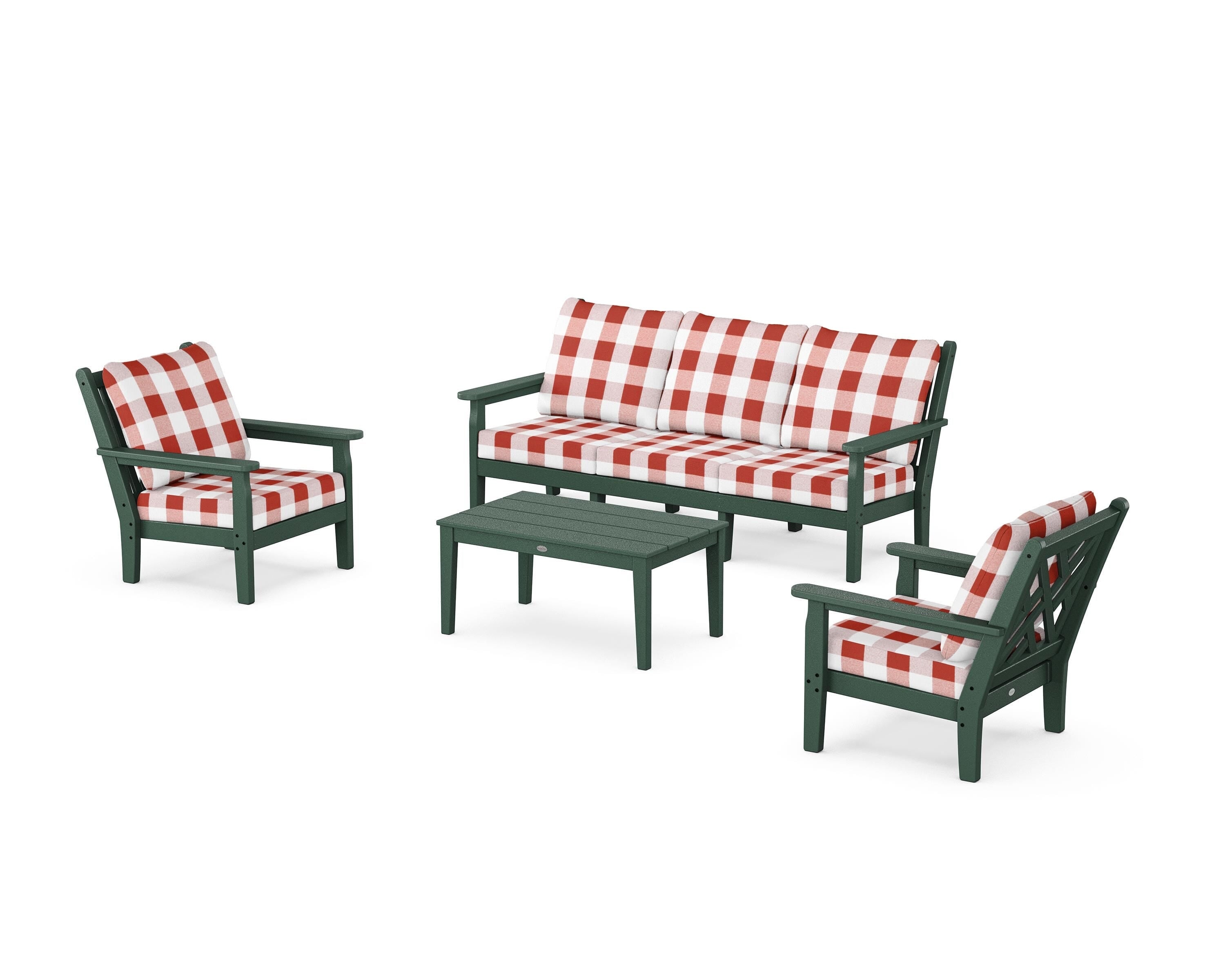 POLYWOOD® Chippendale 4-Piece Deep Seating Set with Sofa in Green / Buffalo Plaid Crimson