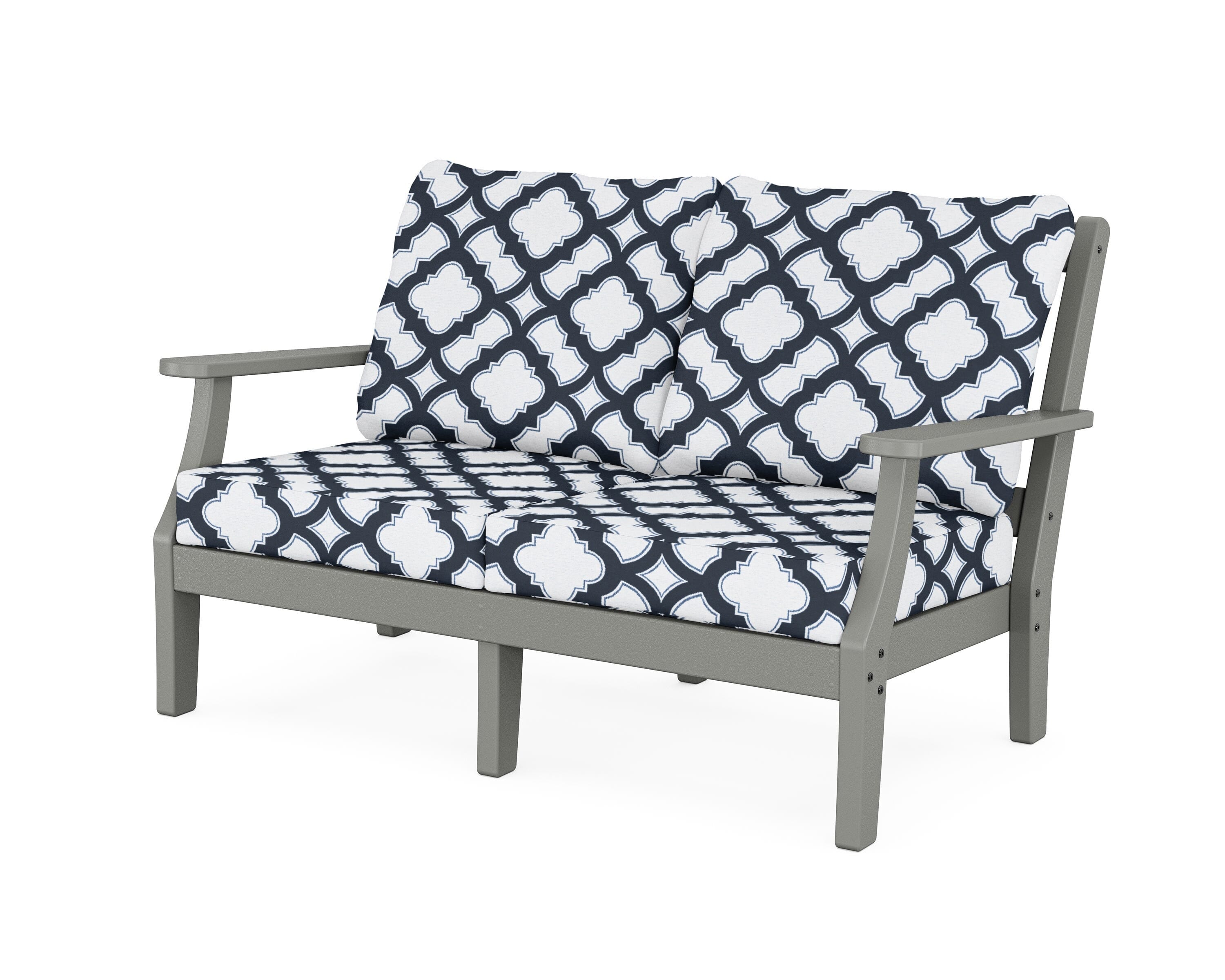 Martha Stewart by POLYWOOD® Chinoiserie Deep Seating Loveseat in Slate Grey / Trellis Marine Indigo
