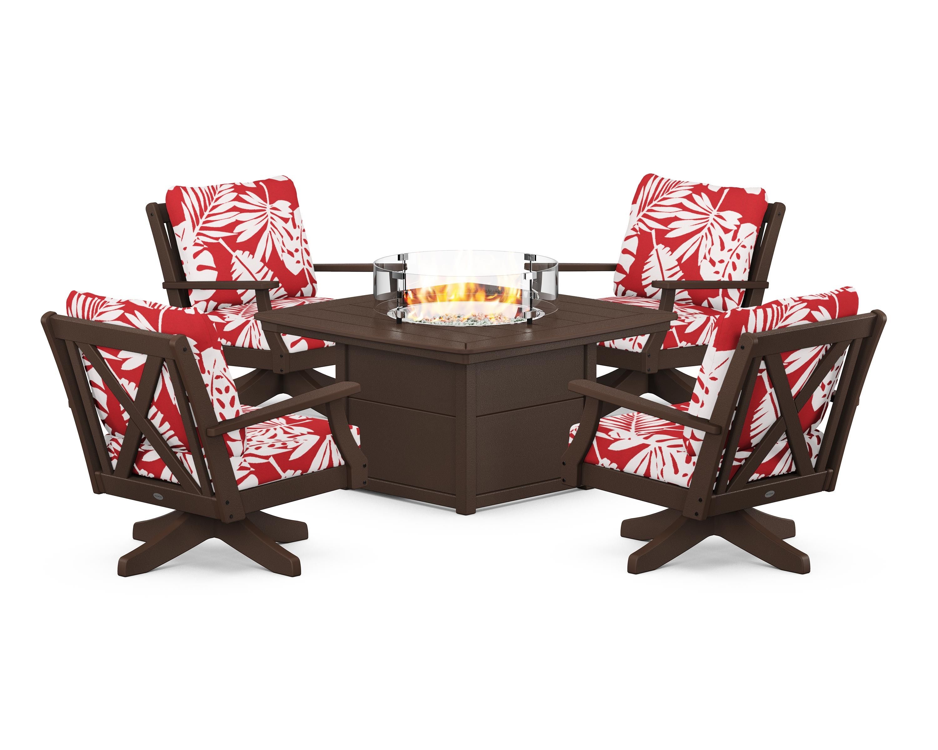 POLYWOOD® Braxton 5-Piece Deep Seating Swivel Conversation Set with Fire Pit Table in Mahogany / Leaf Crimson