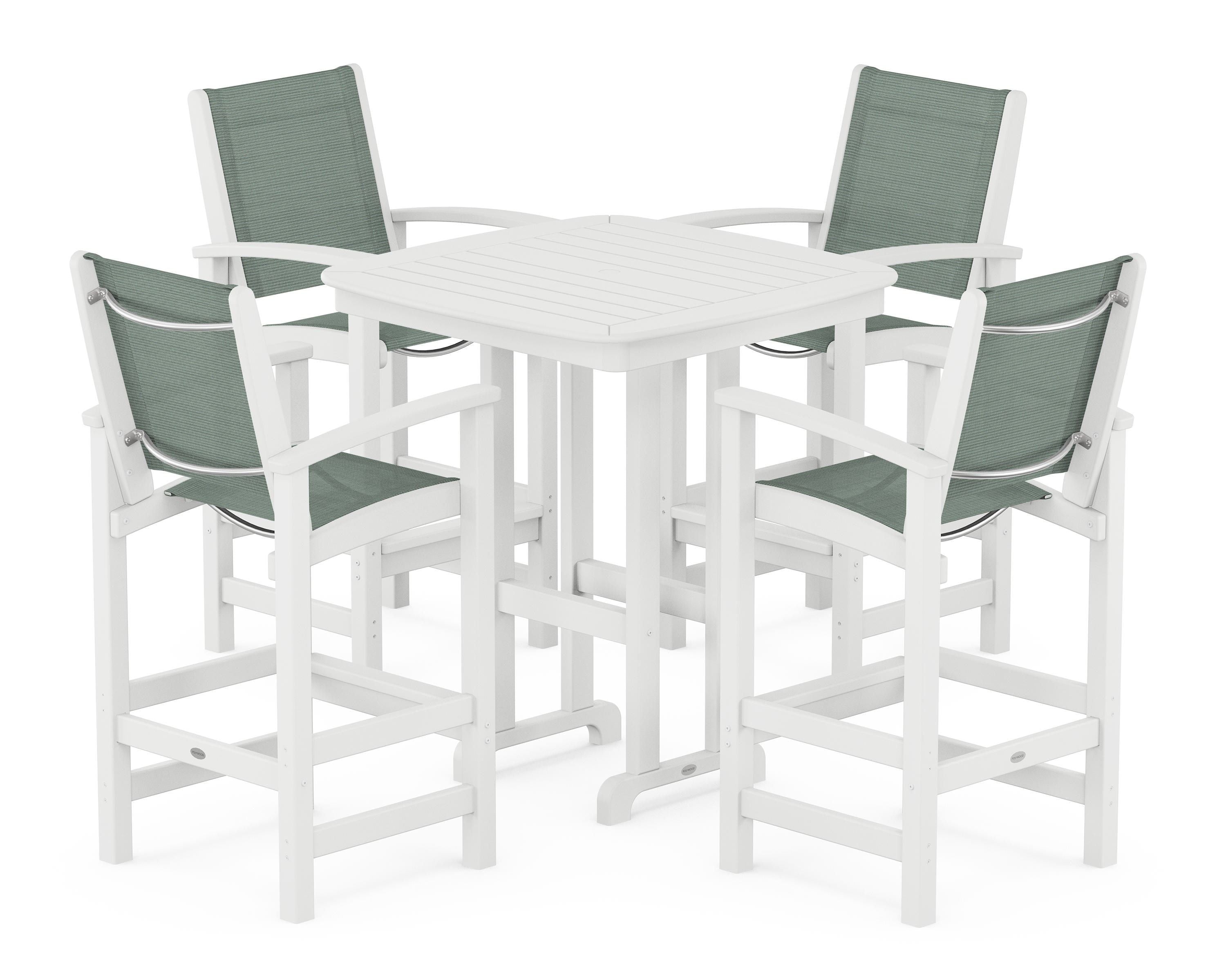 POLYWOOD® Coastal 5-Piece Bar Set in White / Dupioni Sea Mist Sling