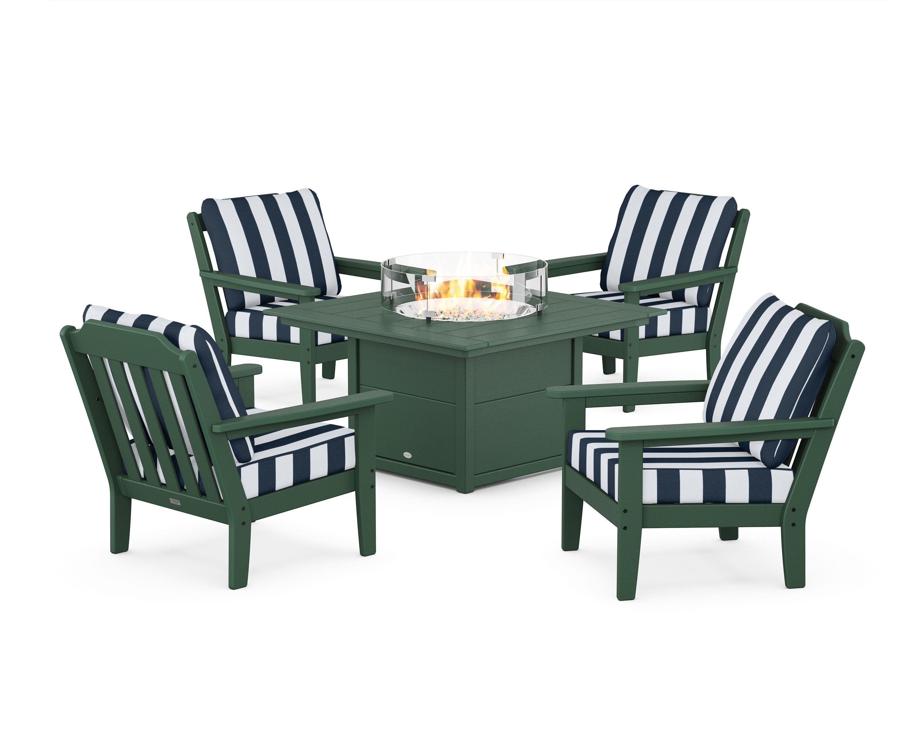 Country Living Cottage 5-Piece Deep Seating Set with Fire Pit Table in Green / Cabana Stripe Marine Indigo