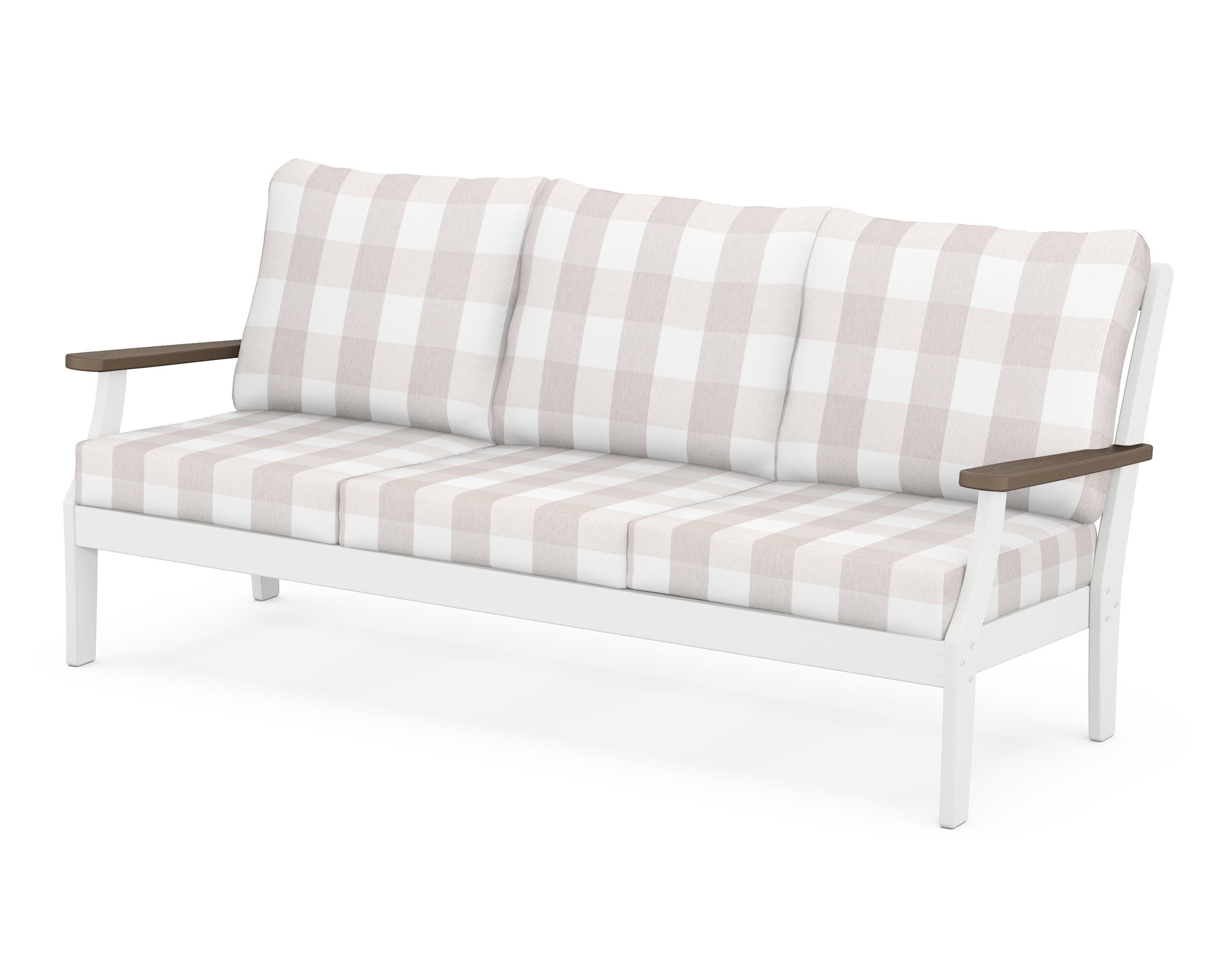 POLYWOOD® Braxton Deep Seating Sofa in White / Kona / Buffalo Plaid Dune Burlap