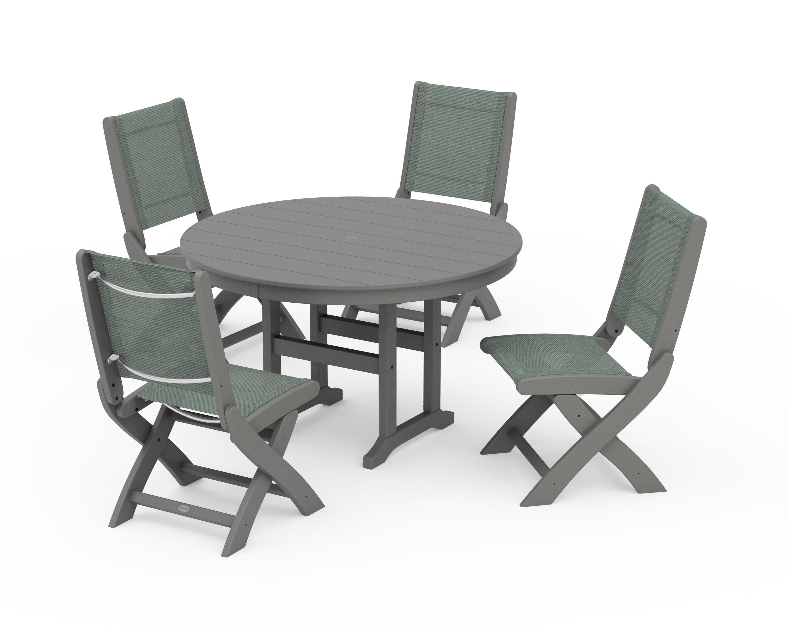 POLYWOOD® Coastal Folding Side Chair 5-Piece Round Dining Set in Slate Grey / Dupioni Sea Mist Sling