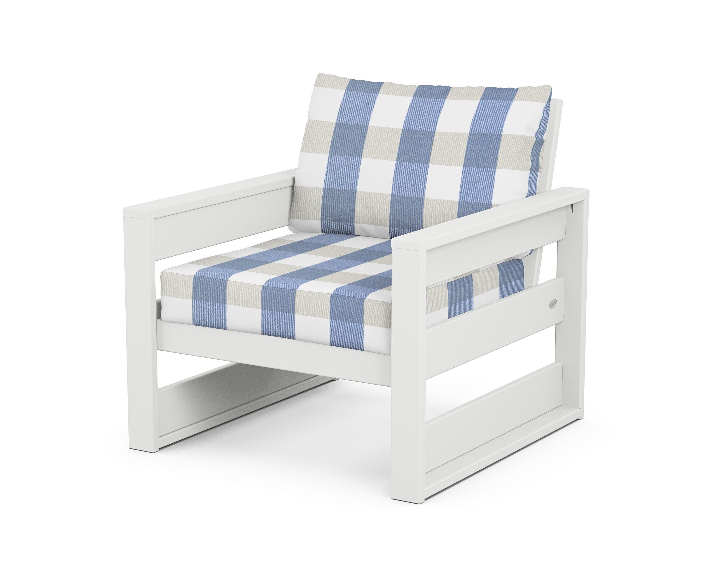 POLYWOOD® Westport Club Chair in White / Buffalo Plaid Sky Blue