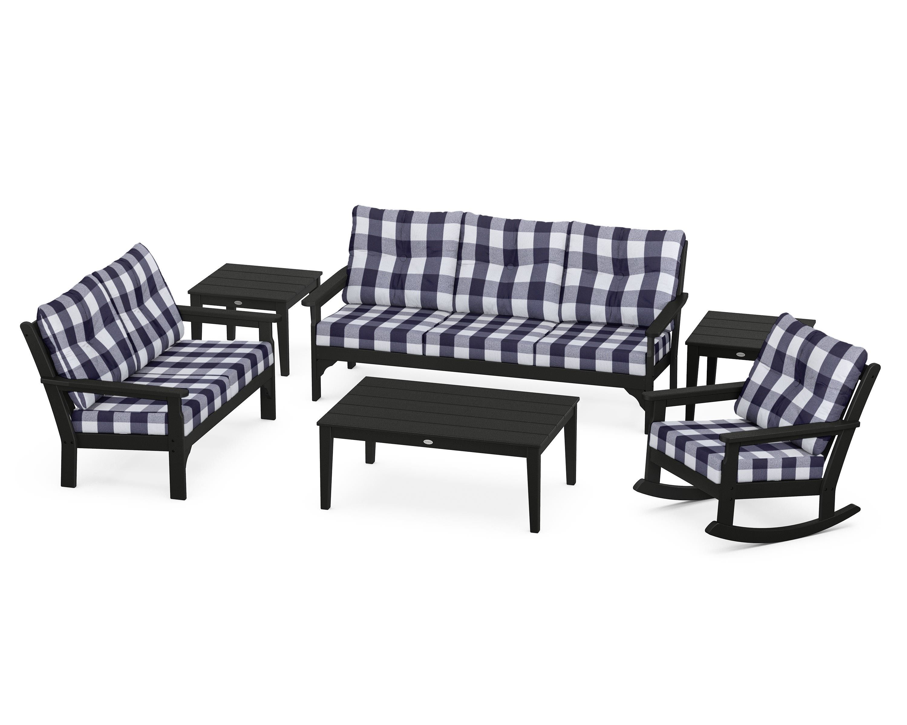 POLYWOOD® Vineyard 6-Piece Deep Seating Set in Black / Buffalo Plaid Navy