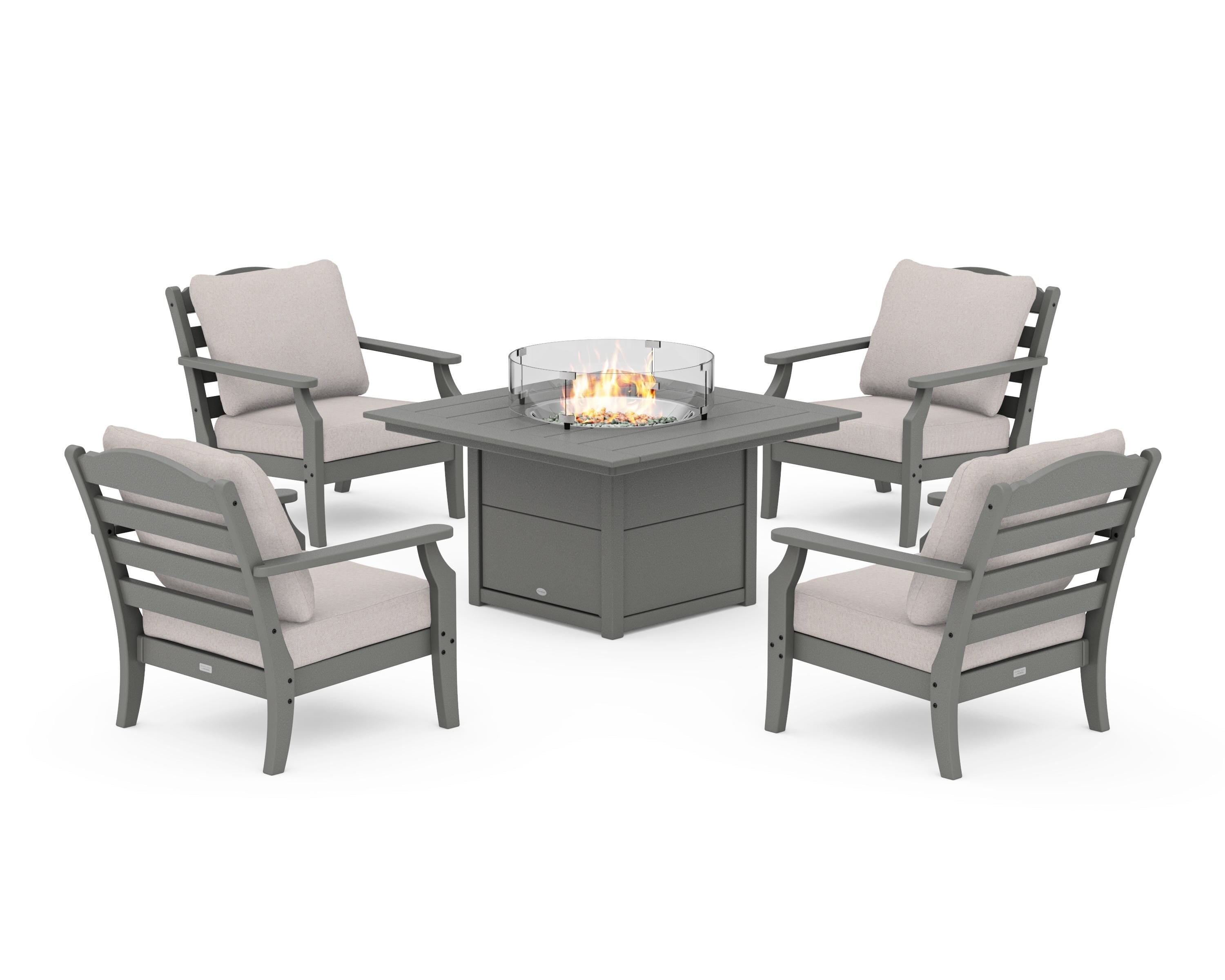 Draper James™ by POLYWOOD® Savannah 5-Piece Deep Seating Set with Fire Pit Table in Slate Grey / Dune Burlap