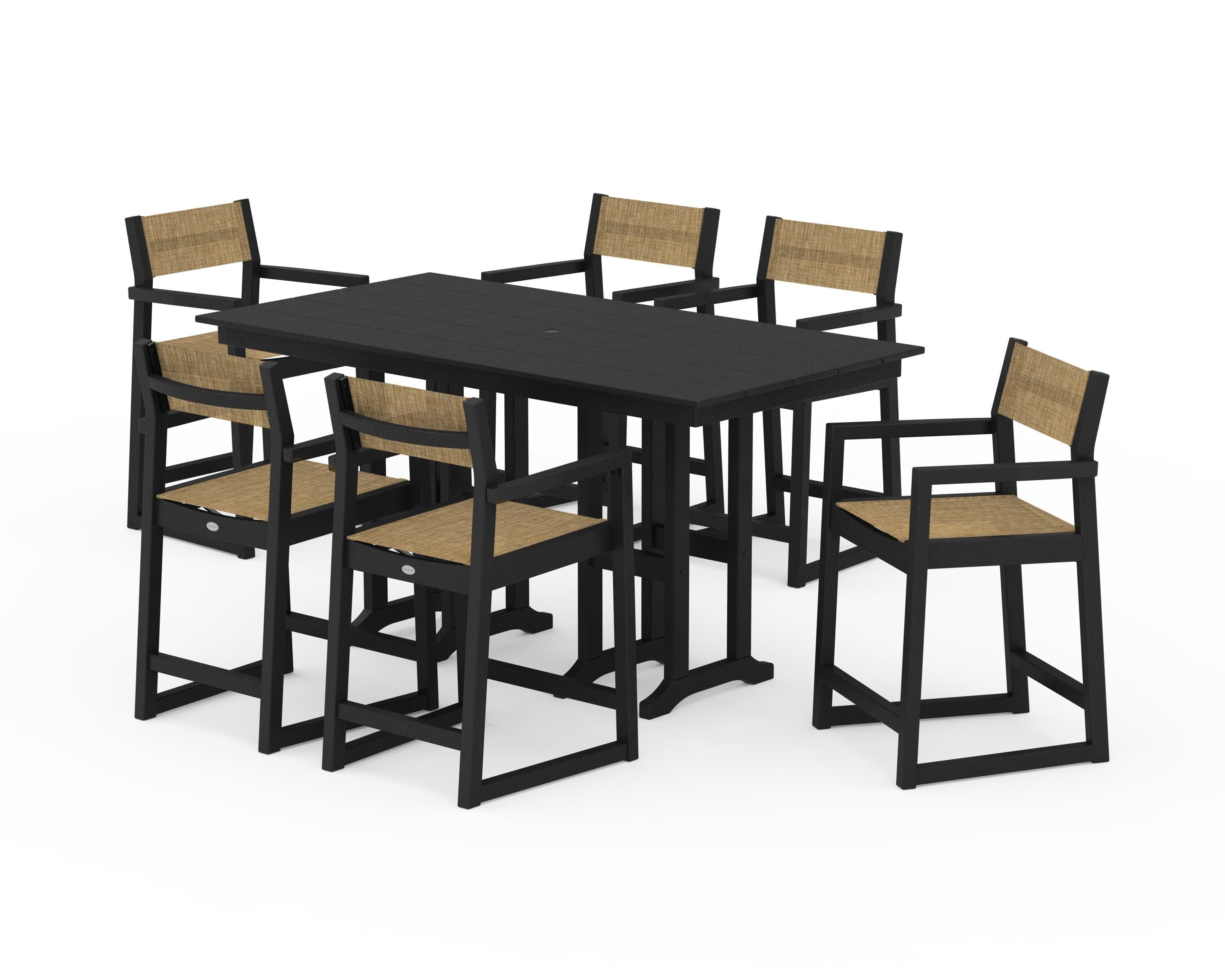 POLYWOOD® EDGE Sling Arm Chair 7-Piece Farmhouse Counter Set in Black / Burlap Sling