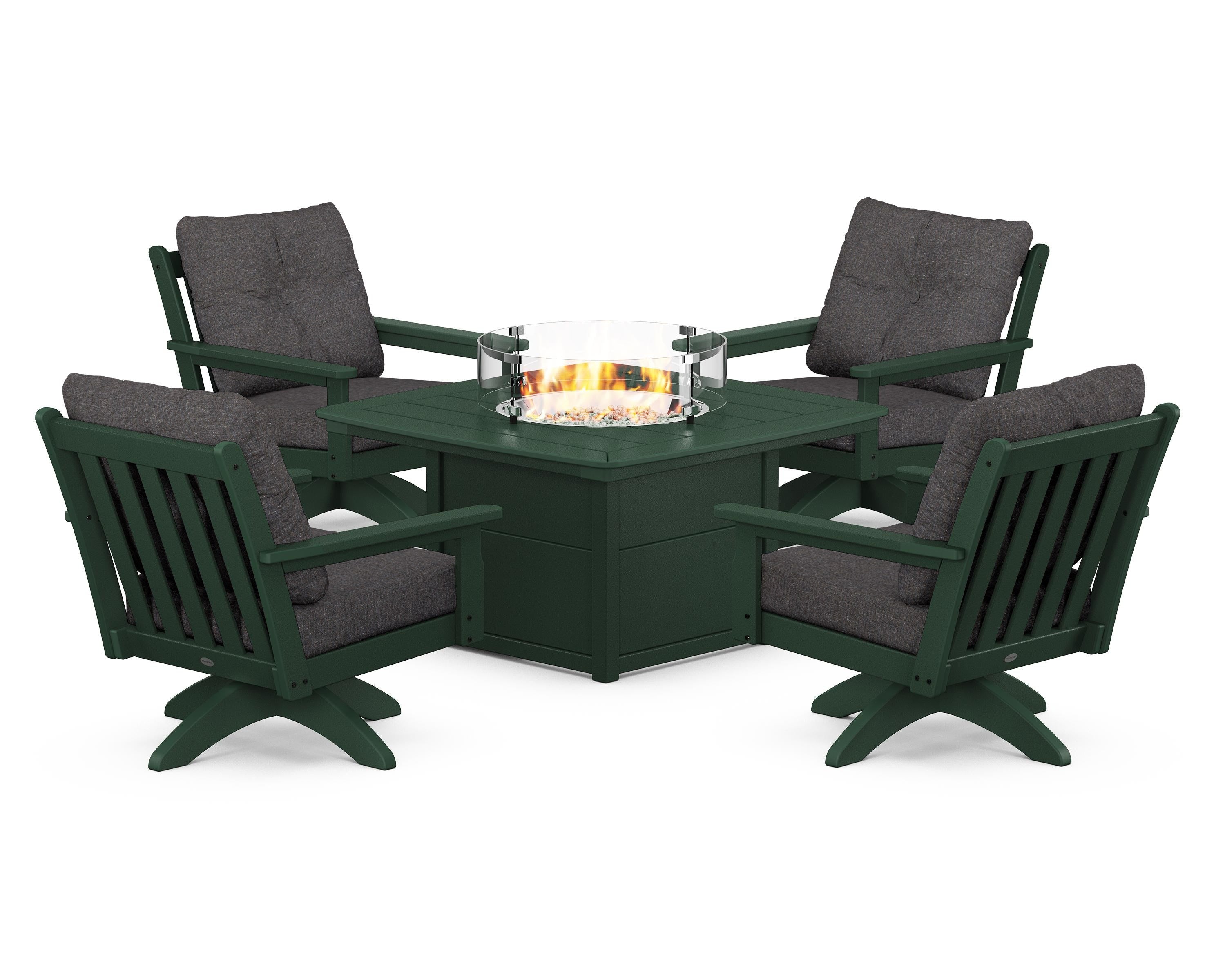 POLYWOOD® Vineyard 5-Piece Deep Seating Swivel Conversation Set with Fire Pit Table in Green / Ash Charcoal
