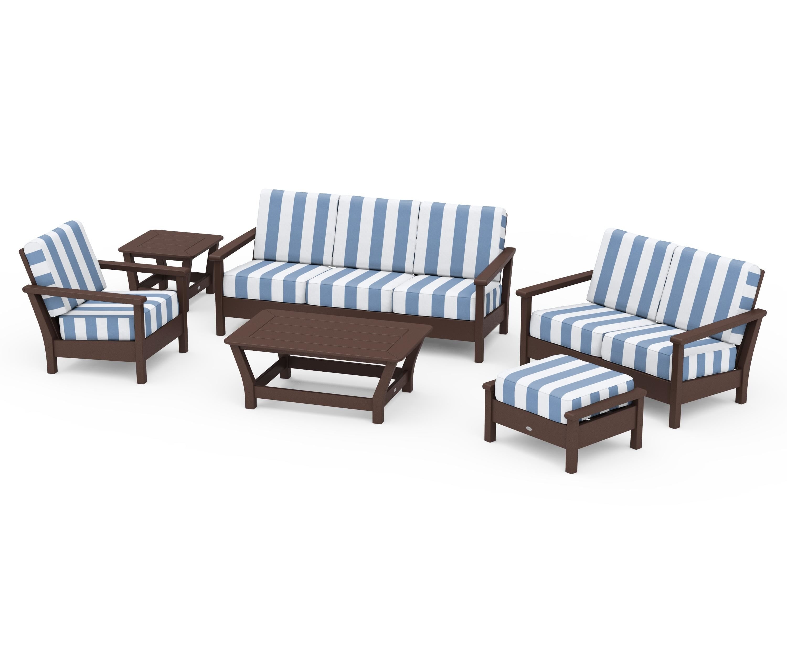 POLYWOOD® Harbour 6-Piece Outdoor Living Set in Mahogany / Cabana Stripe Sky Blue