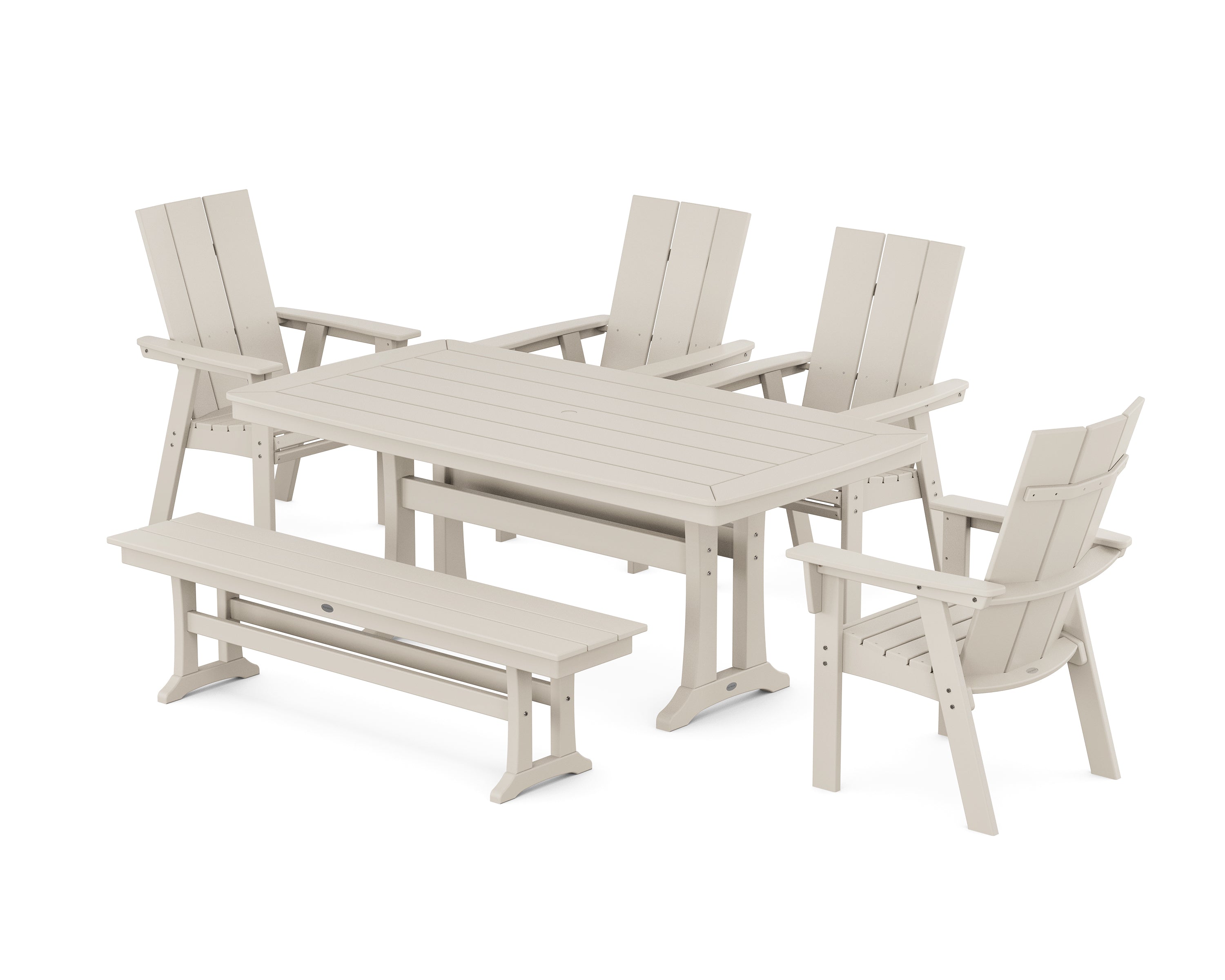 POLYWOOD® Modern Curveback Adirondack 6-Piece Farmhouse Dining Set with Trestle Legs and Bench in Sand
