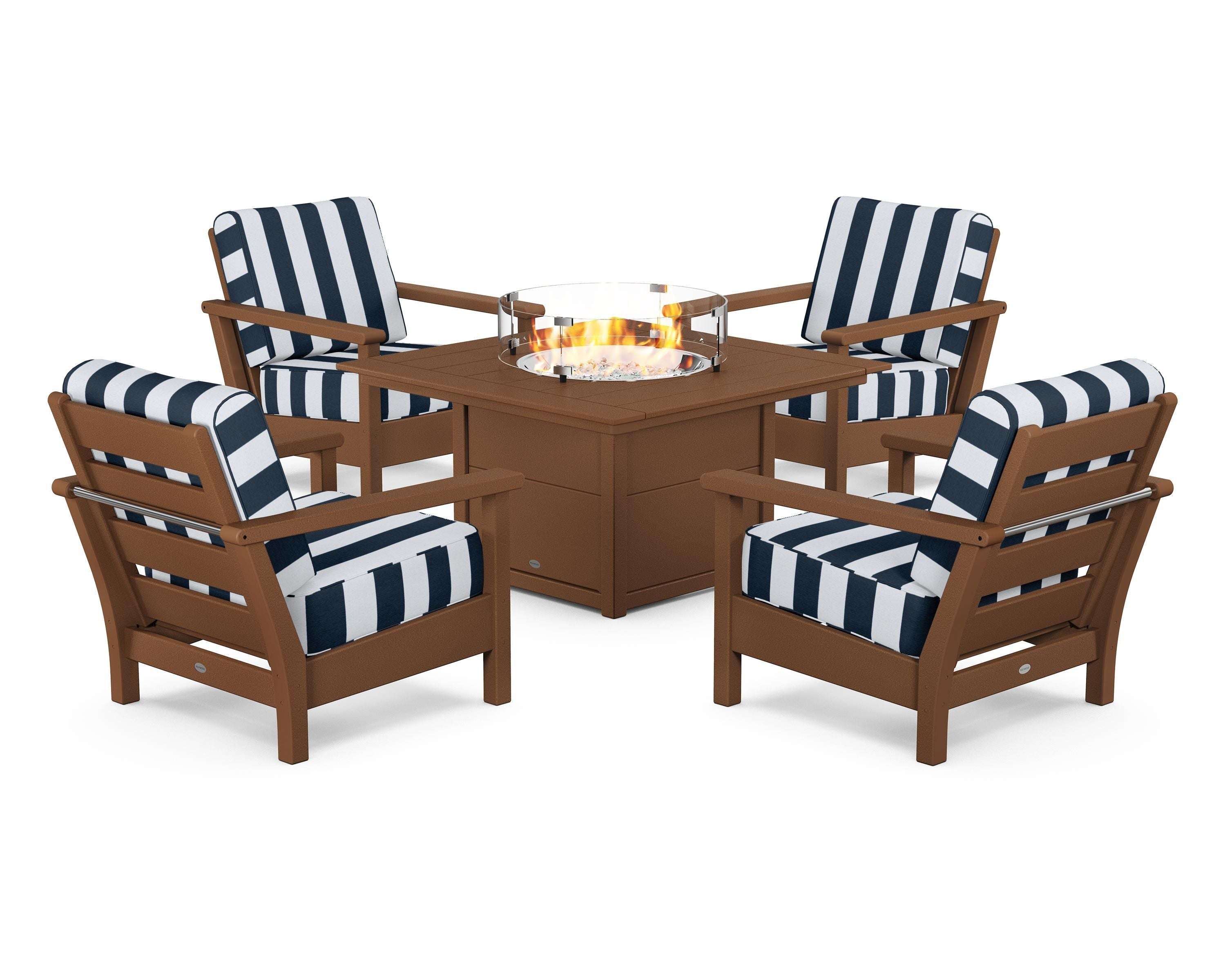 POLYWOOD® Harbour 5-Piece Conversation Set with Fire Pit Table in Teak / Cabana Stripe Marine Indigo