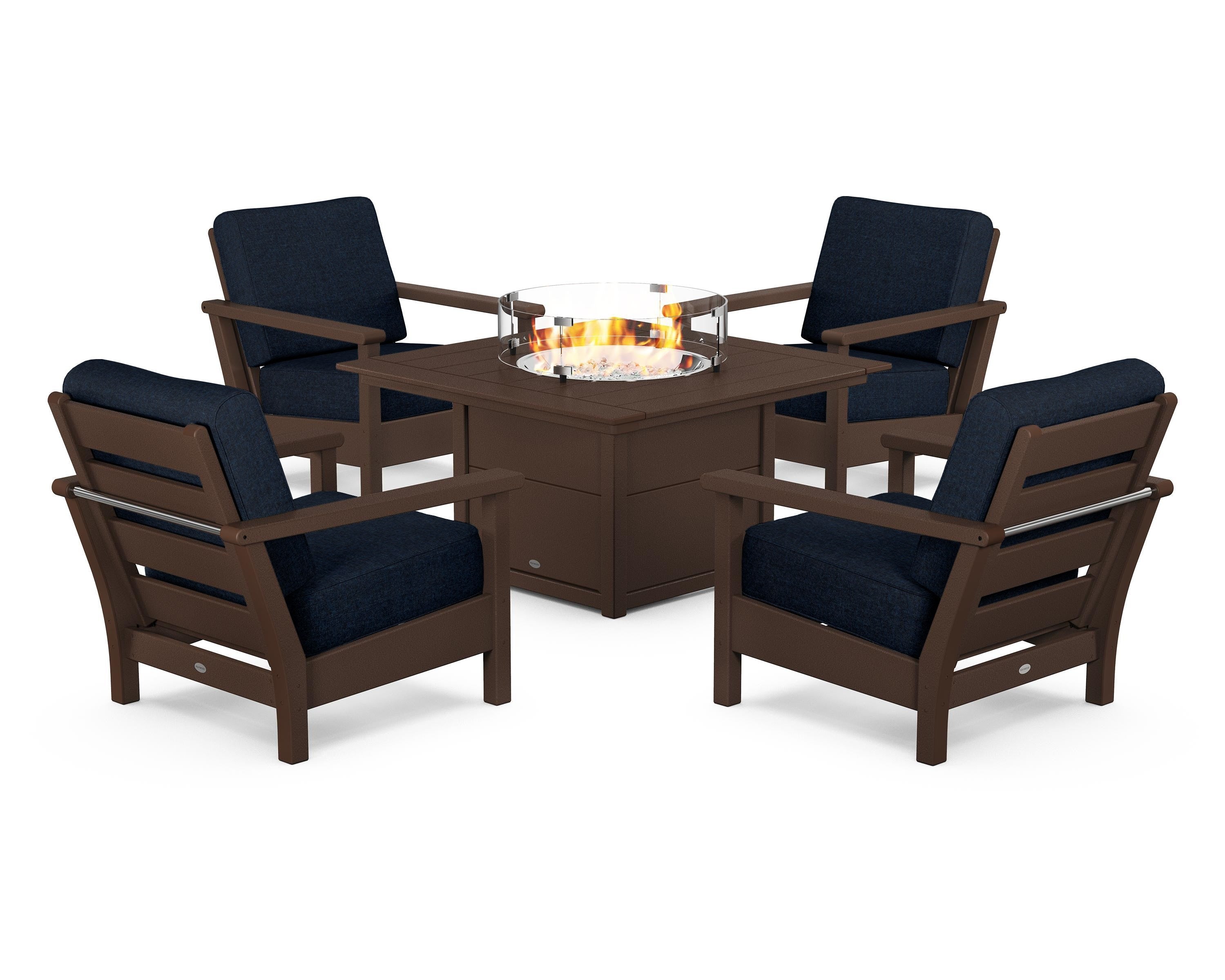 POLYWOOD® Harbour 5-Piece Conversation Set with Fire Pit Table in Mahogany / Marine Indigo