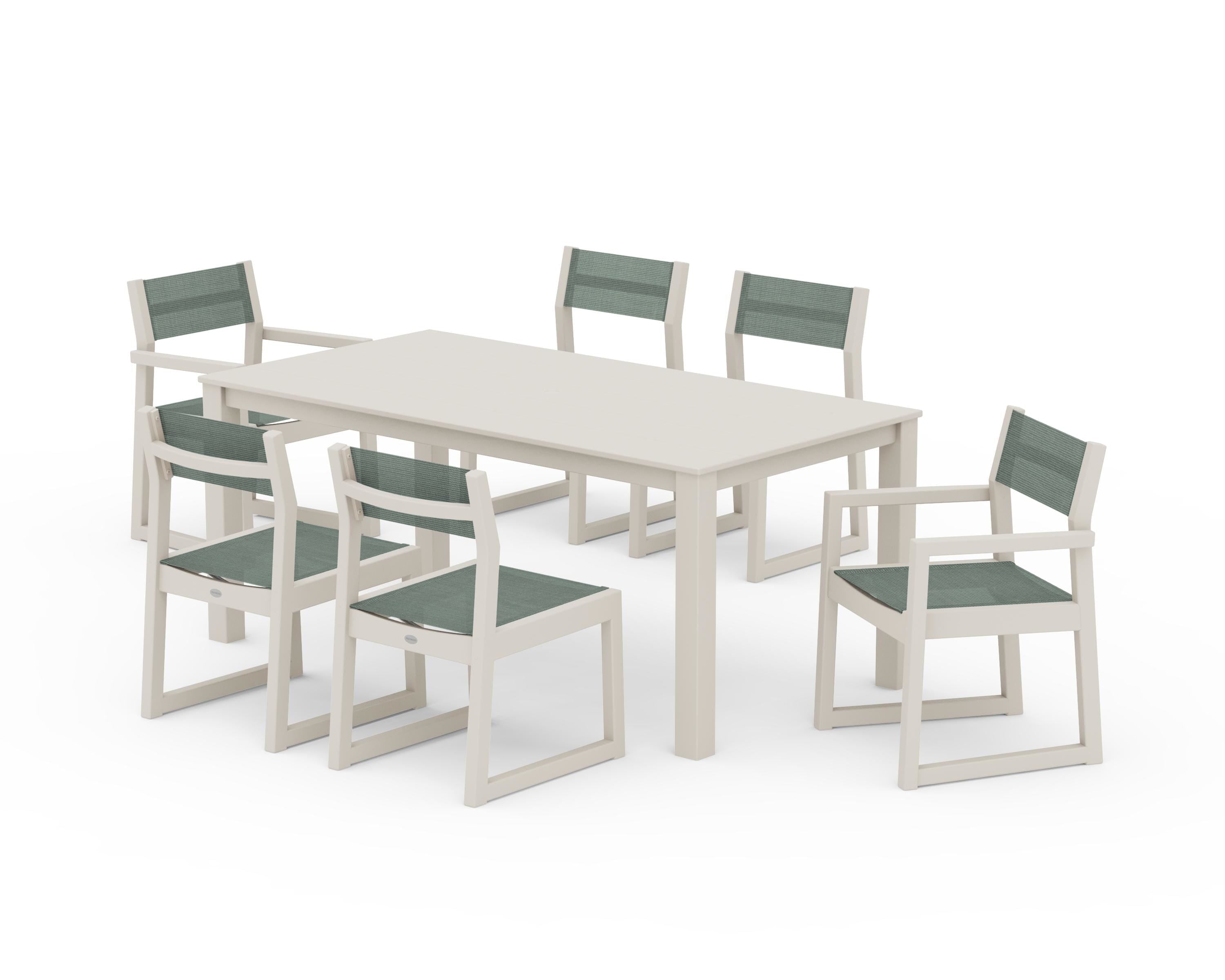 POLYWOOD® EDGE Sling 7-Piece Parsons Dining Set in Sand / Dupioni Sea Mist Sling
