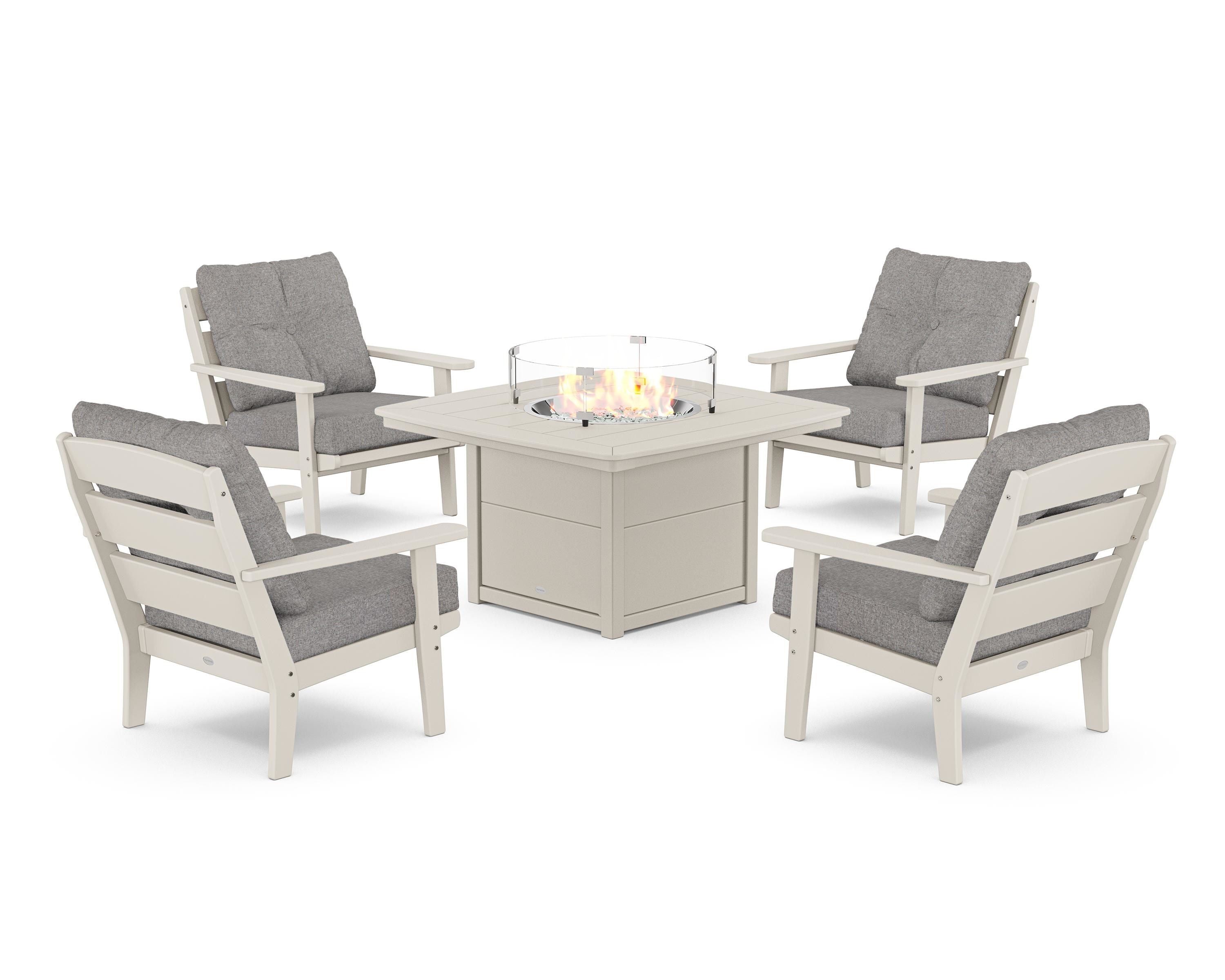 POLYWOOD® Lakeside 5-Piece Deep Seating Set with Nautical Fire Pit Table in Sand / Grey Mist