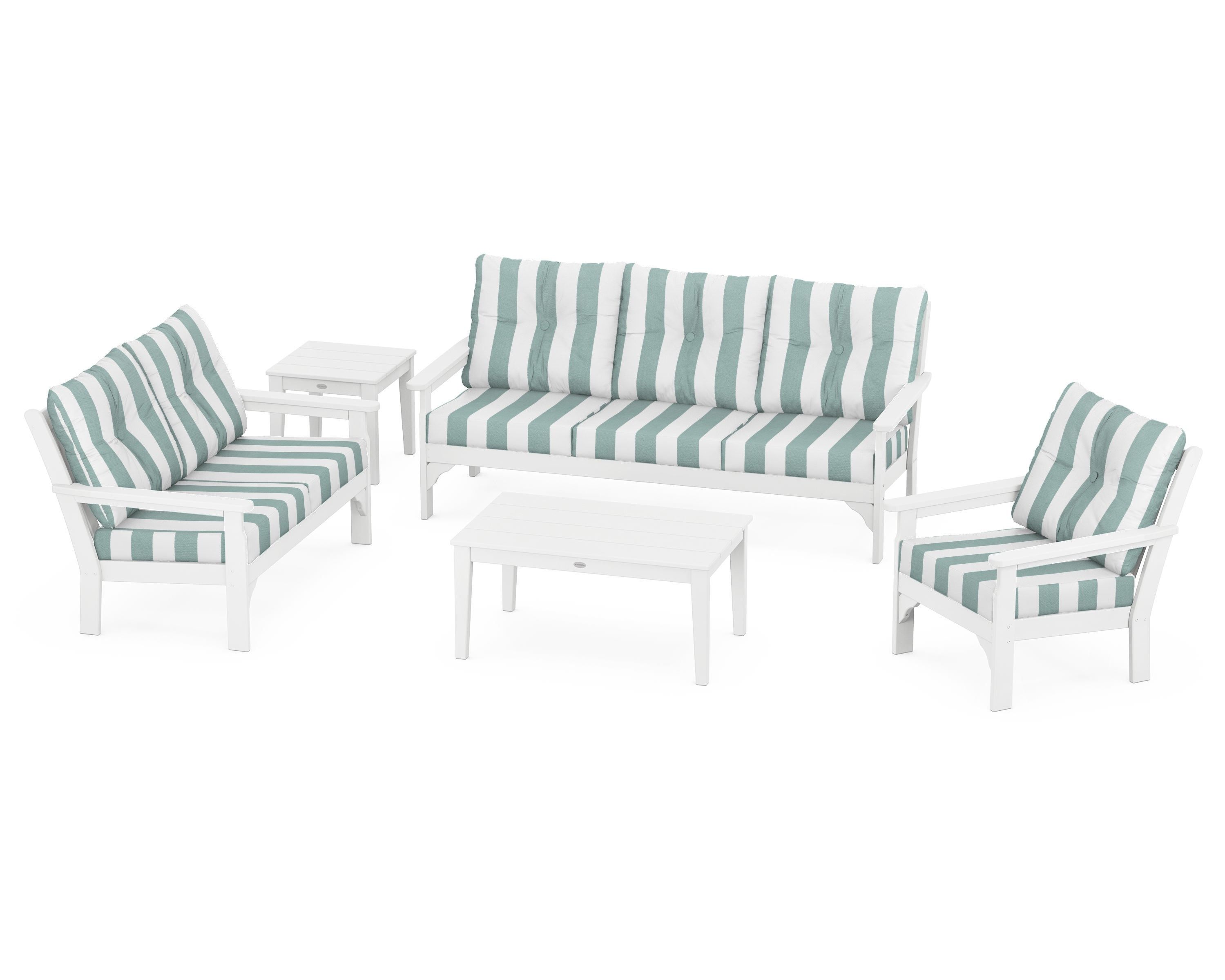 POLYWOOD® Vineyard 5 Piece Deep Seating Set in White / Cabana Stripe Glacier Spa