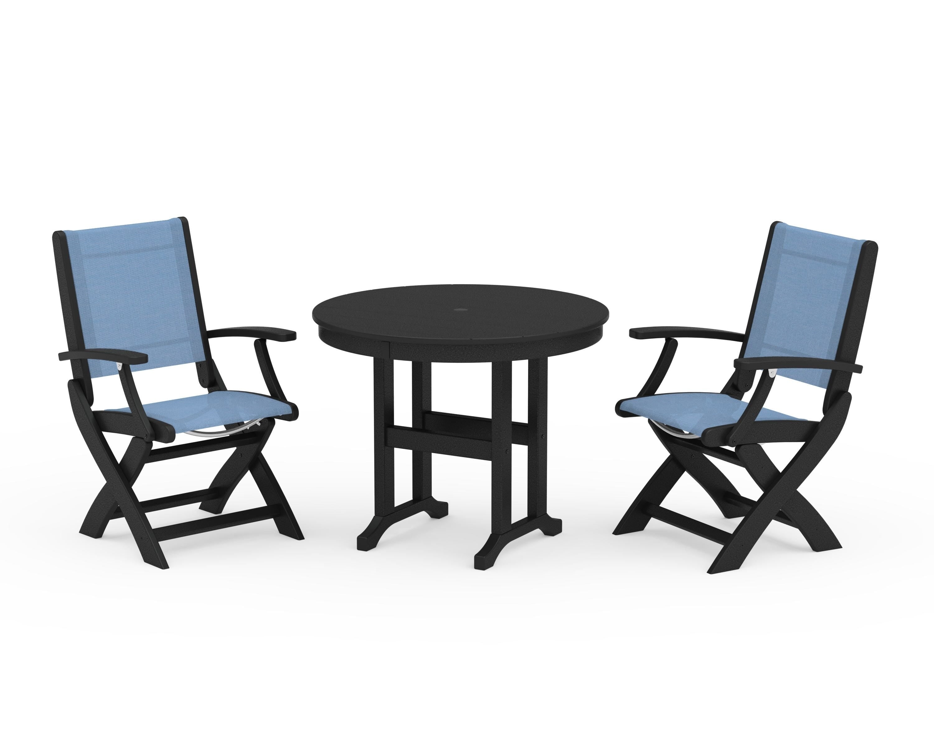 POLYWOOD® Coastal Folding Chair 3-Piece Round Dining Set in Black / Poolside Sling