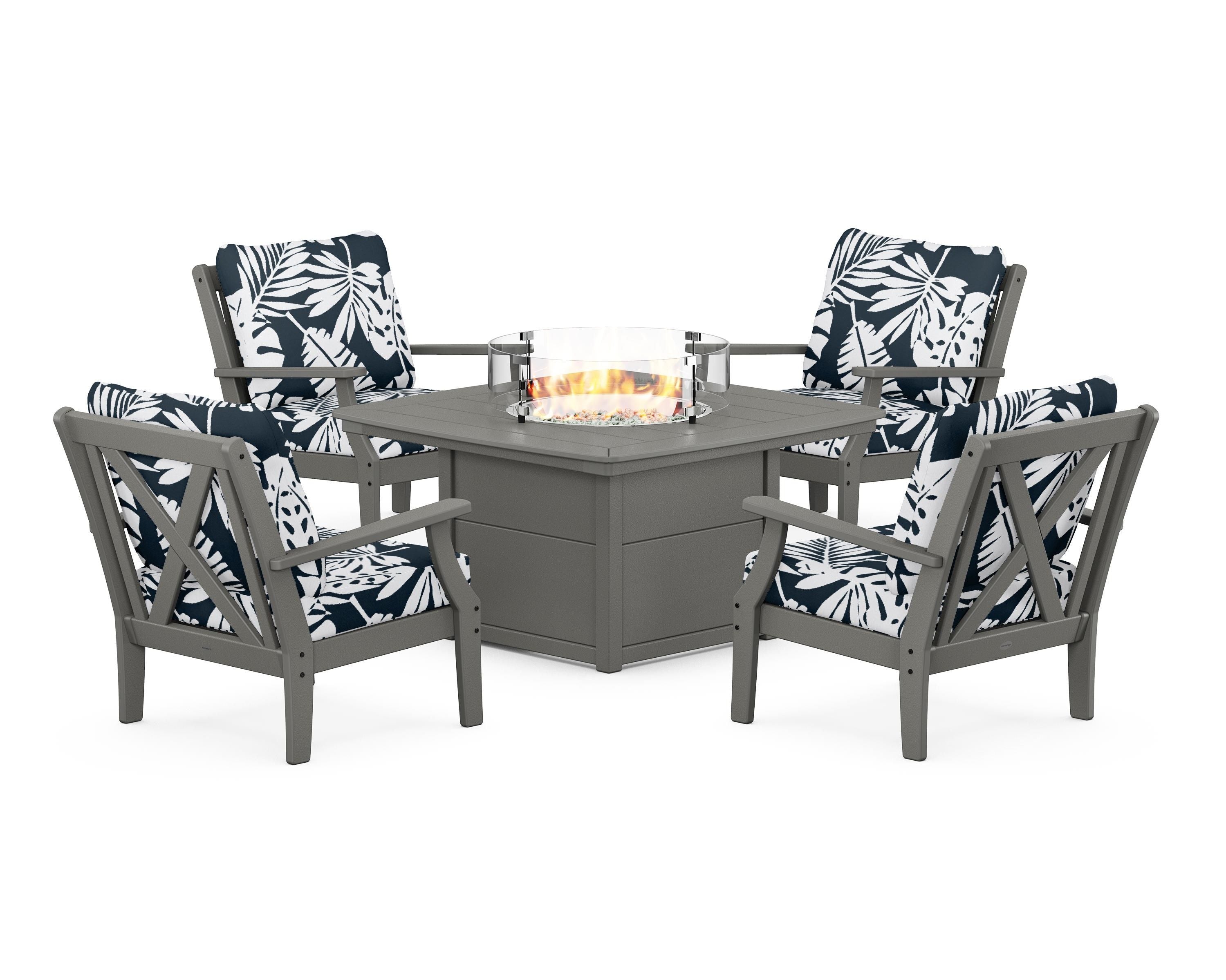 POLYWOOD® Braxton 5-Piece Deep Seating Conversation Set with Fire Pit Table in Slate Grey / Leaf Marine Indigo