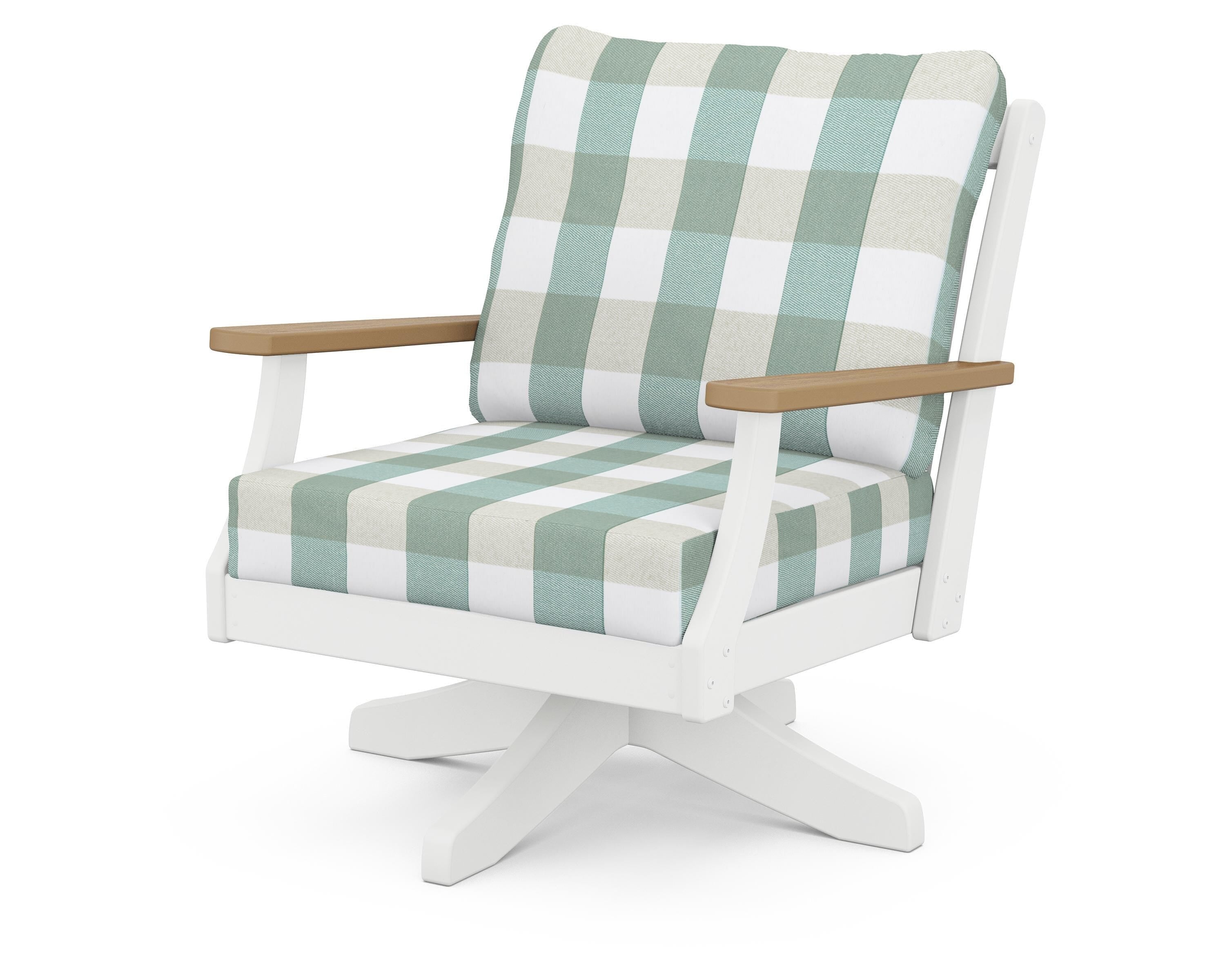 POLYWOOD® Braxton Deep Seating Swivel Chair in White / Natural / Buffalo Plaid Glacier Spa