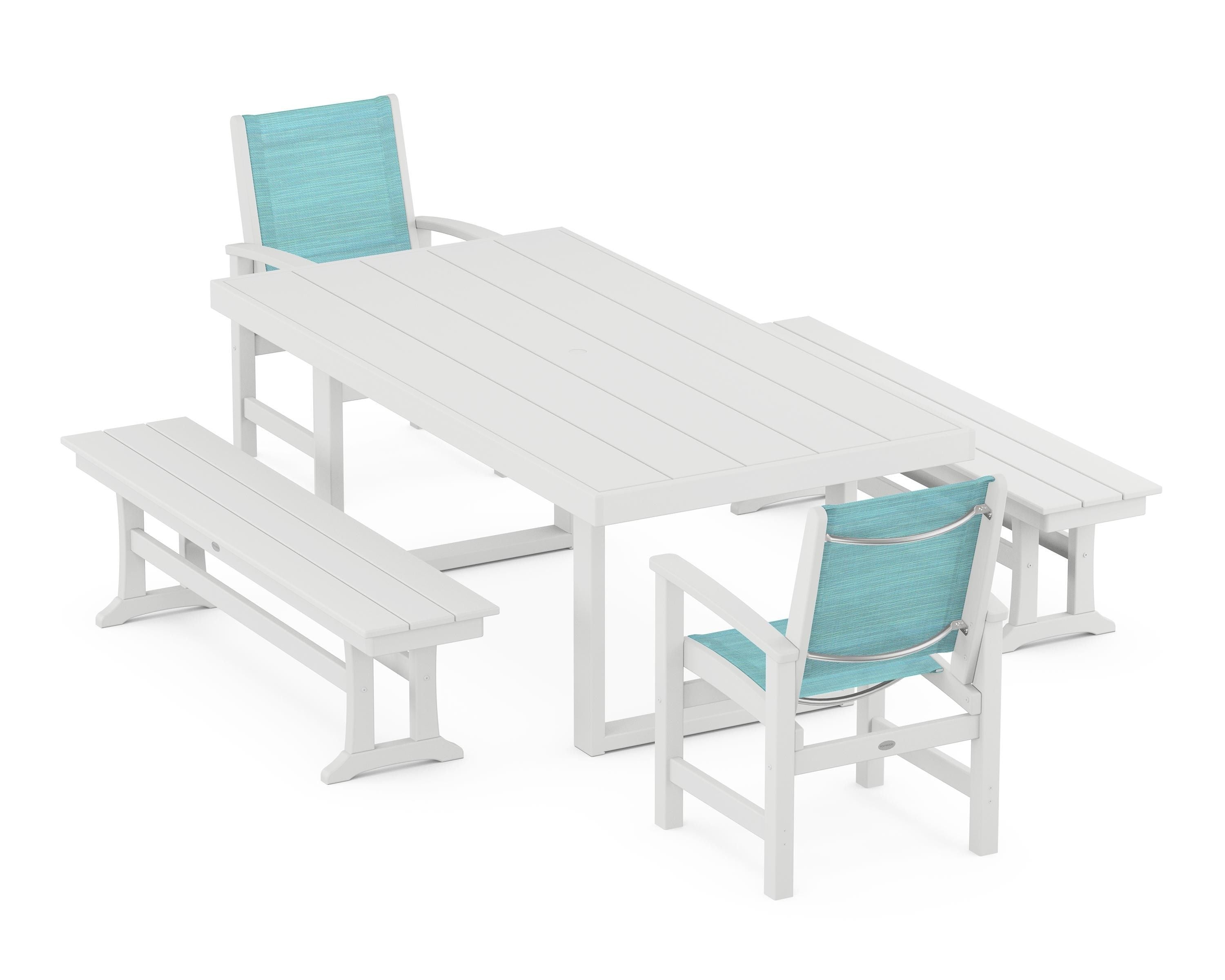 POLYWOOD® Coastal 5-Piece Dining Set with Trestle Legs in White / Dupioni Aquamarine Sling