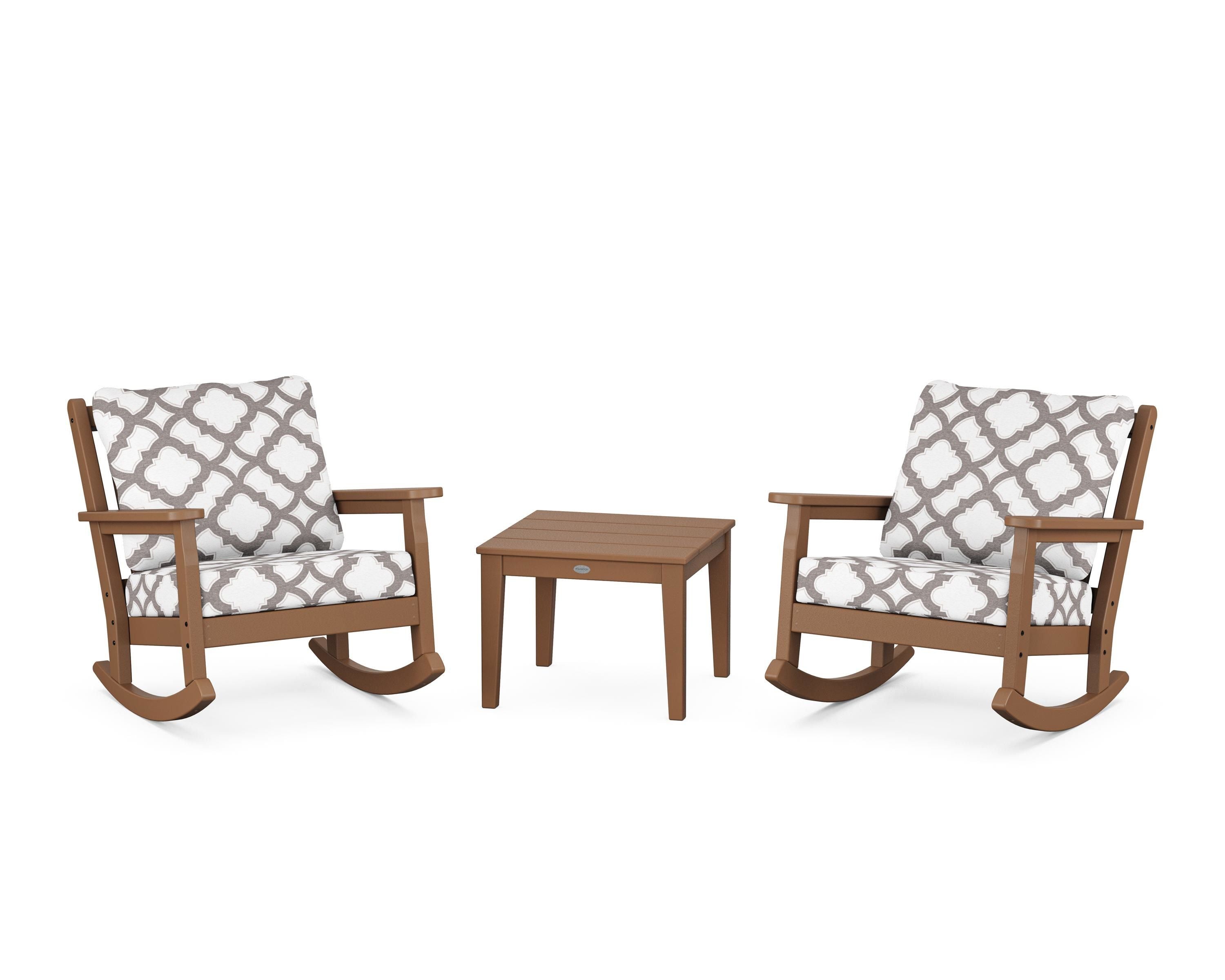 POLYWOOD® Chippendale 3-Piece Deep Seating Rocker Set in Teak / Trellis Grey Mist