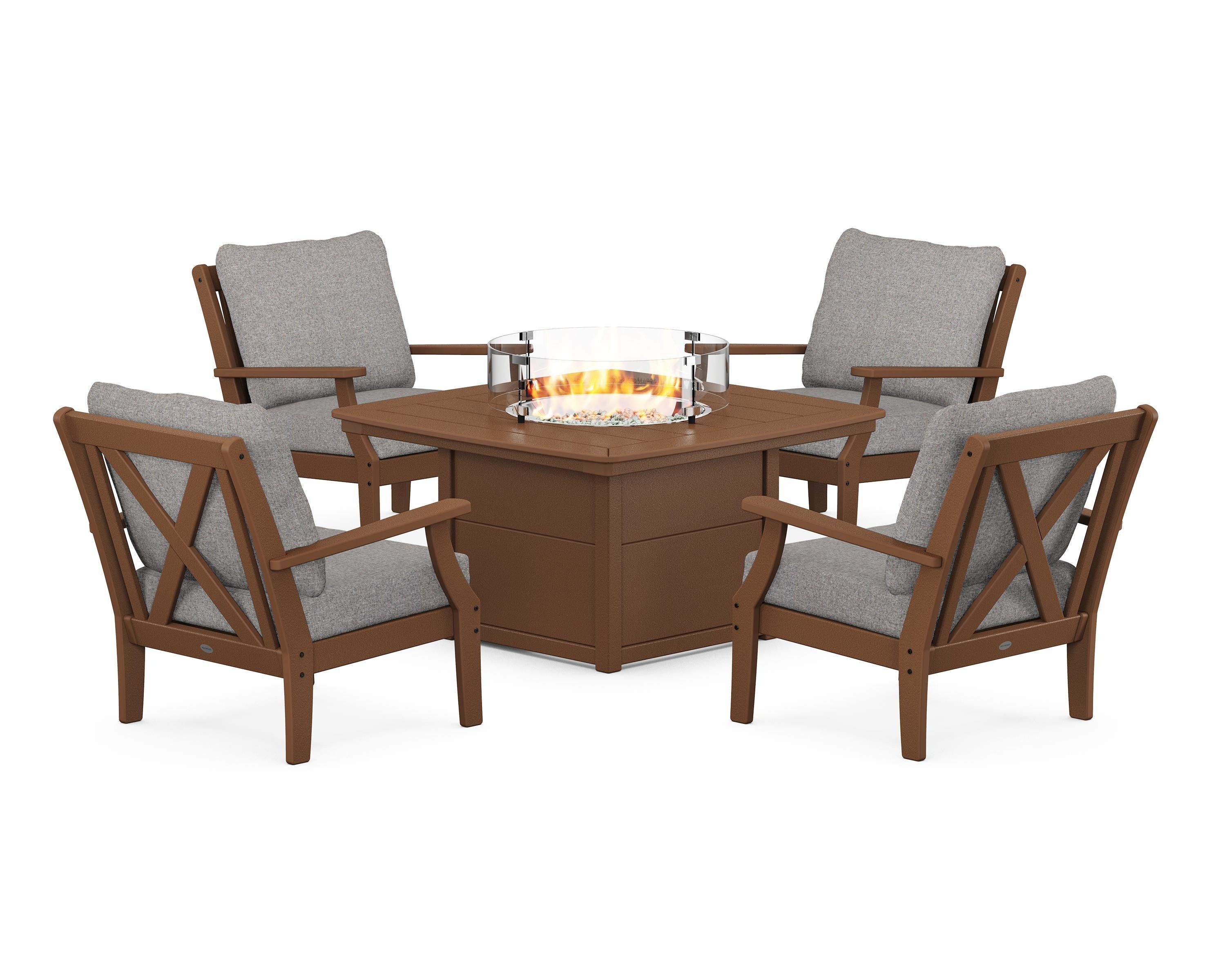 POLYWOOD® Braxton 5-Piece Deep Seating Conversation Set with Fire Pit Table in Teak / Grey Mist