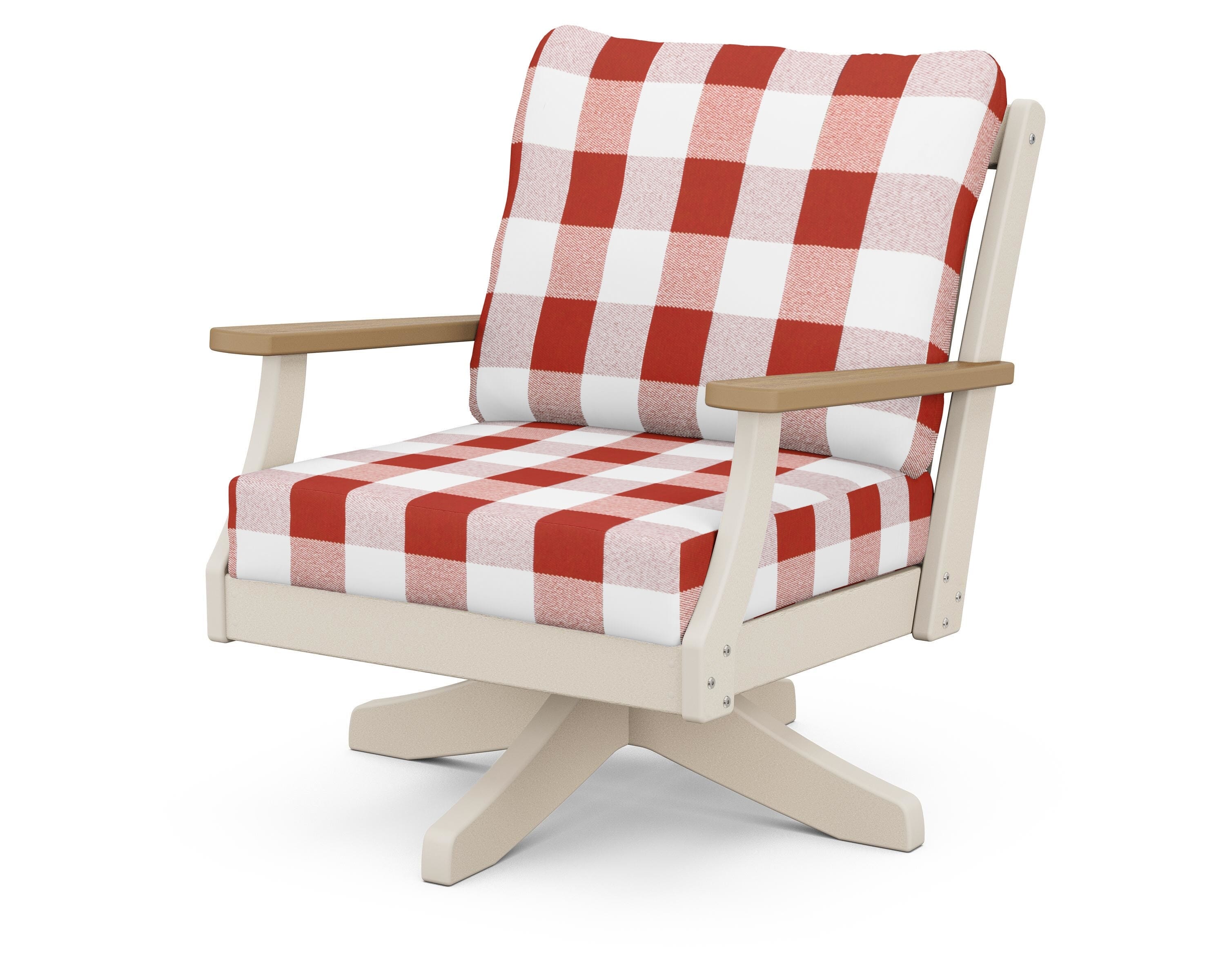 POLYWOOD® Braxton Deep Seating Swivel Chair in Sand / Natural / Buffalo Plaid Crimson