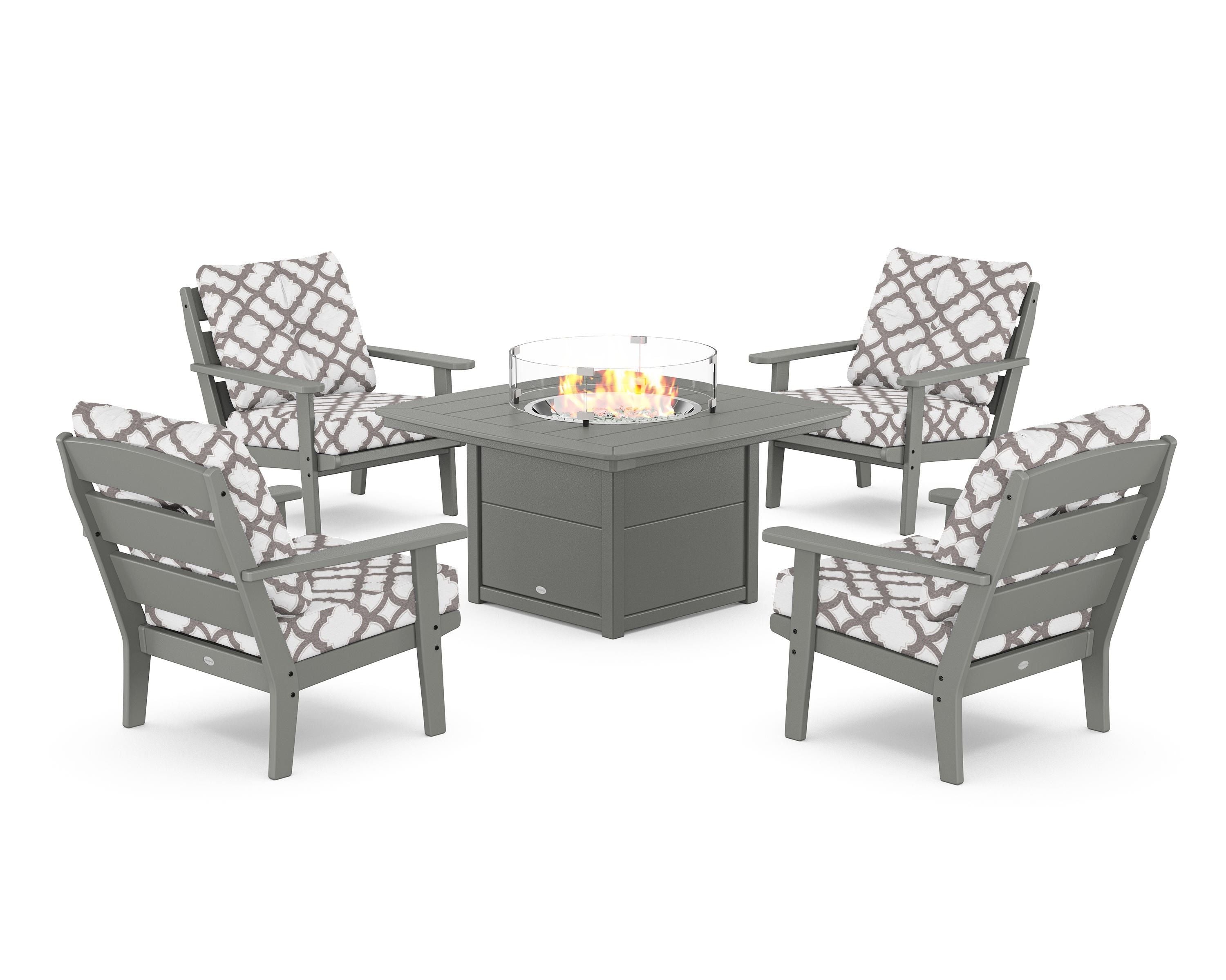 POLYWOOD® Lakeside 5-Piece Deep Seating Set with Nautical Fire Pit Table in Slate Grey / Trellis Grey Mist
