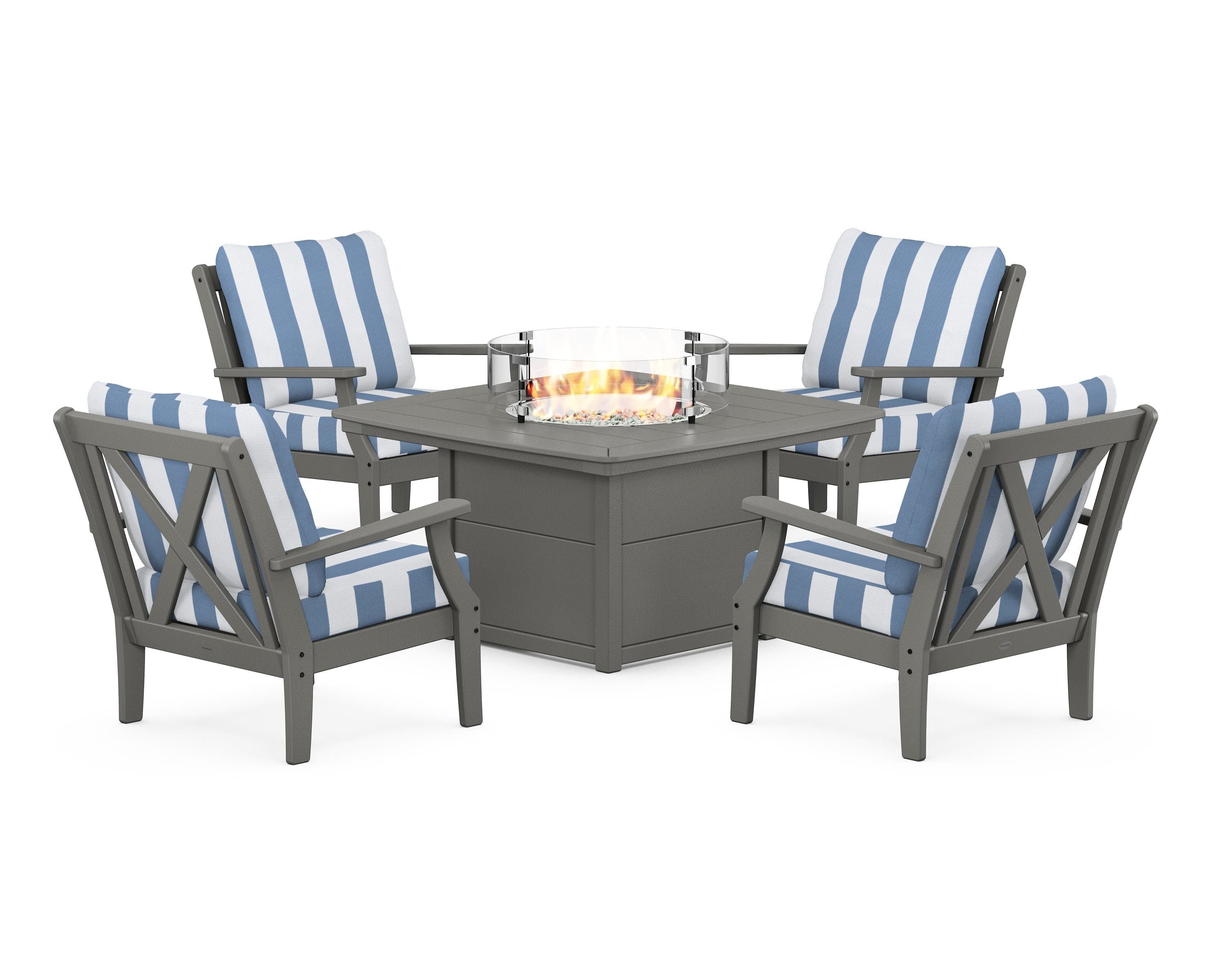 POLYWOOD® Braxton 5-Piece Deep Seating Conversation Set with Fire Pit Table in Slate Grey / Cabana Stripe Sky Blue
