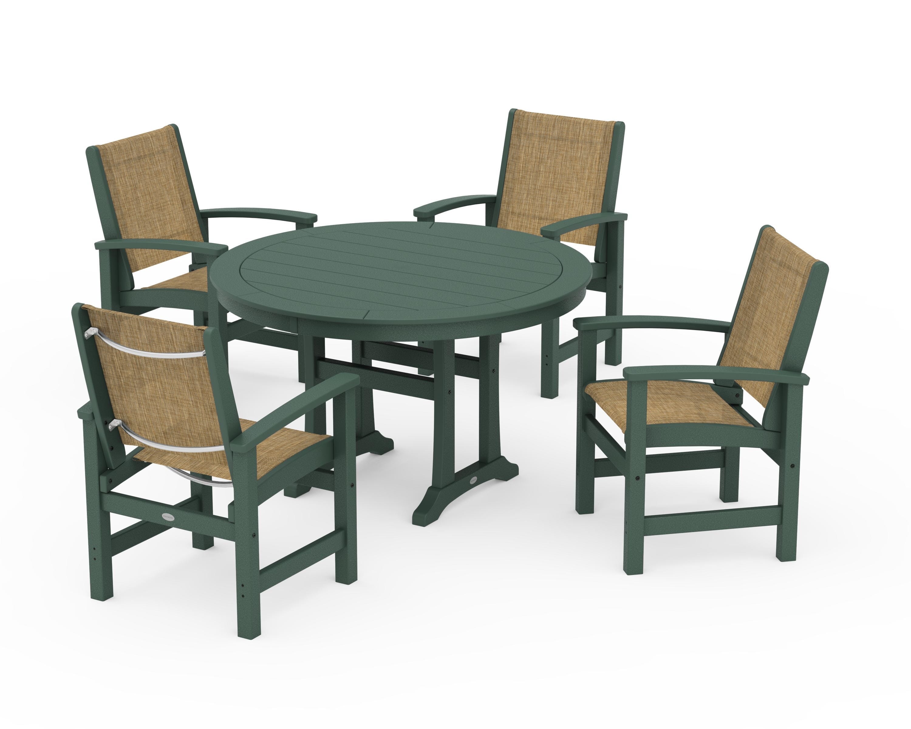 POLYWOOD® Coastal 5-Piece Round Dining Set with Trestle Legs in Green / Burlap Sling