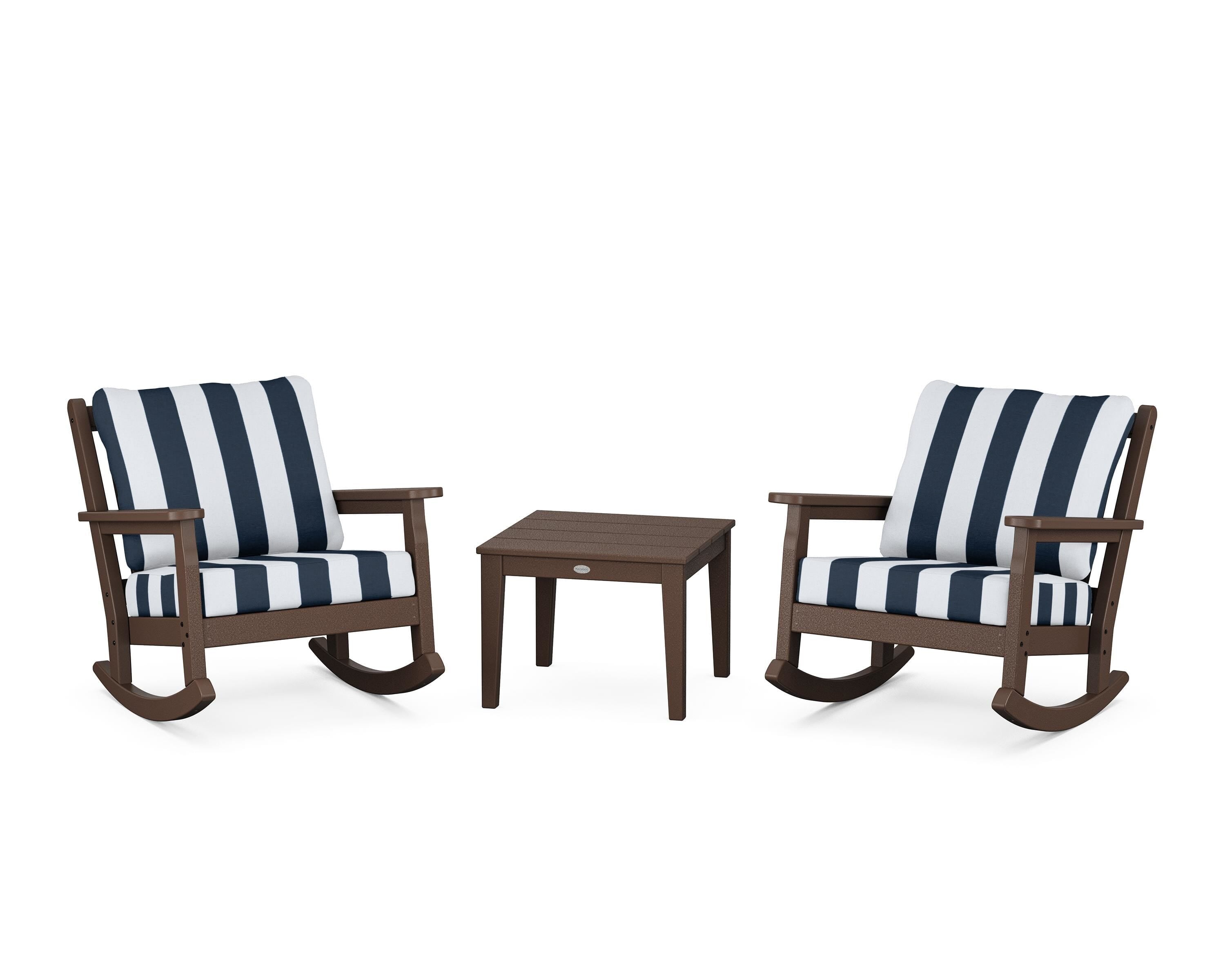 POLYWOOD® Chippendale 3-Piece Deep Seating Rocker Set in Mahogany / Cabana Stripe Marine Indigo