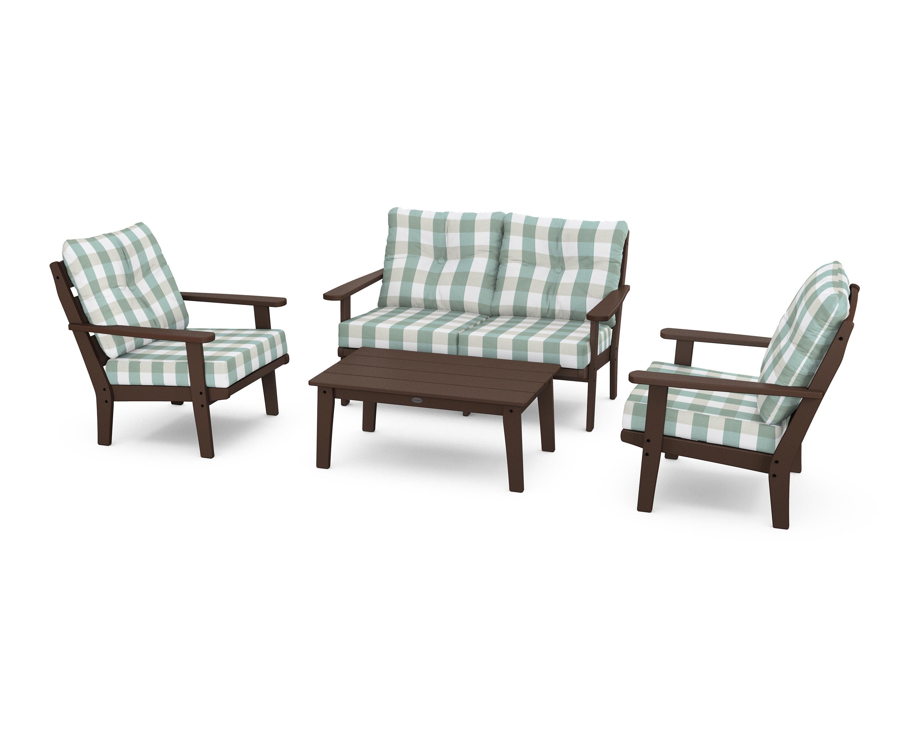 POLYWOOD® Lakeside 4-Piece Deep Seating Set in Mahogany / Buffalo Plaid Glacier Spa