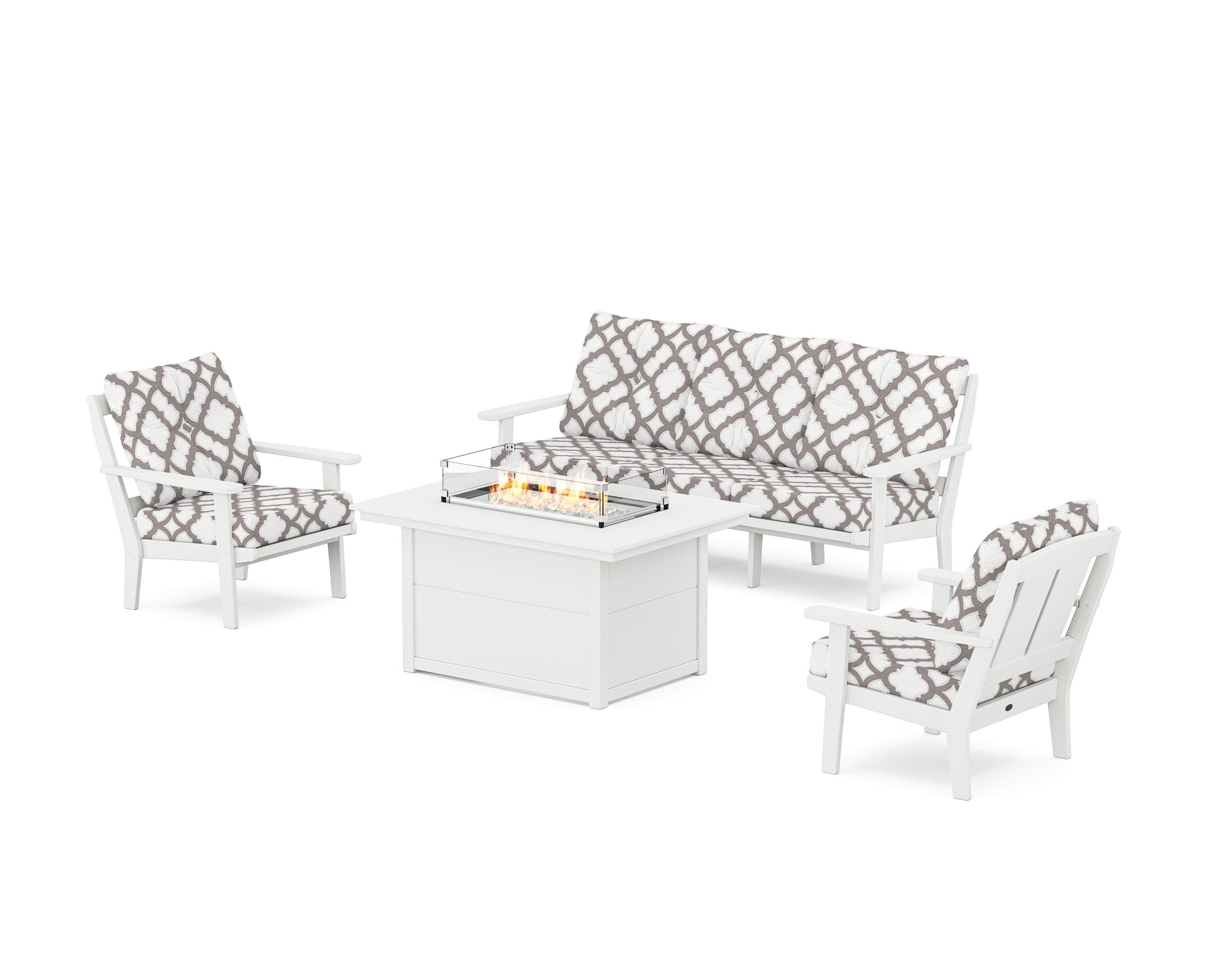 POLYWOOD® Mission Deep Seating Fire Pit Table Set in White / Trellis Grey Mist