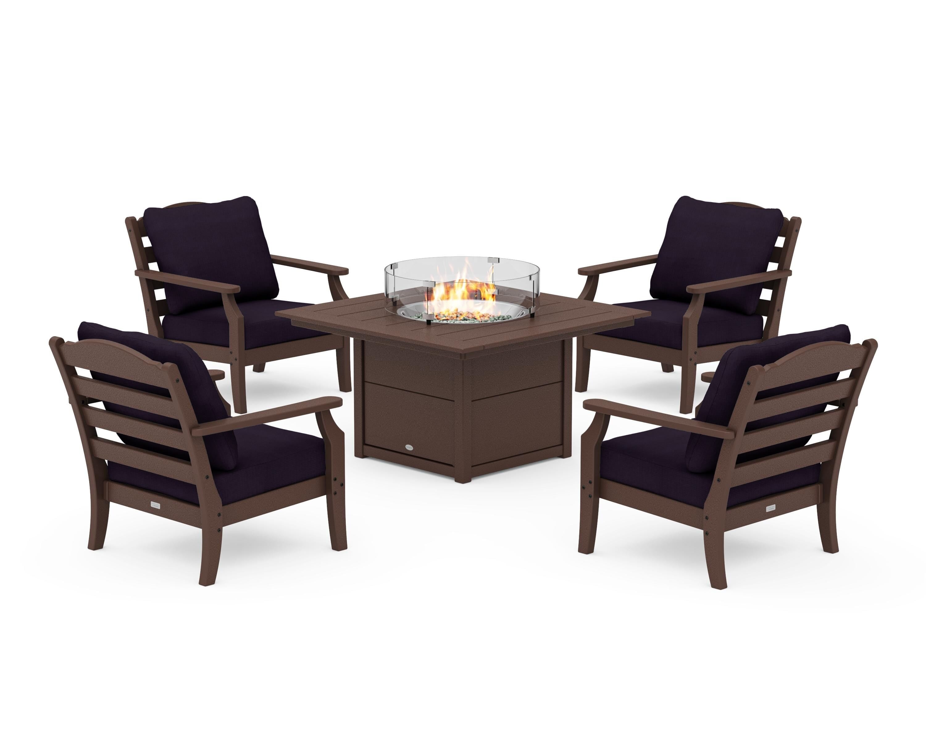Draper James™ by POLYWOOD® Savannah 5-Piece Deep Seating Set with Fire Pit Table in Mahogany / Navy Linen
