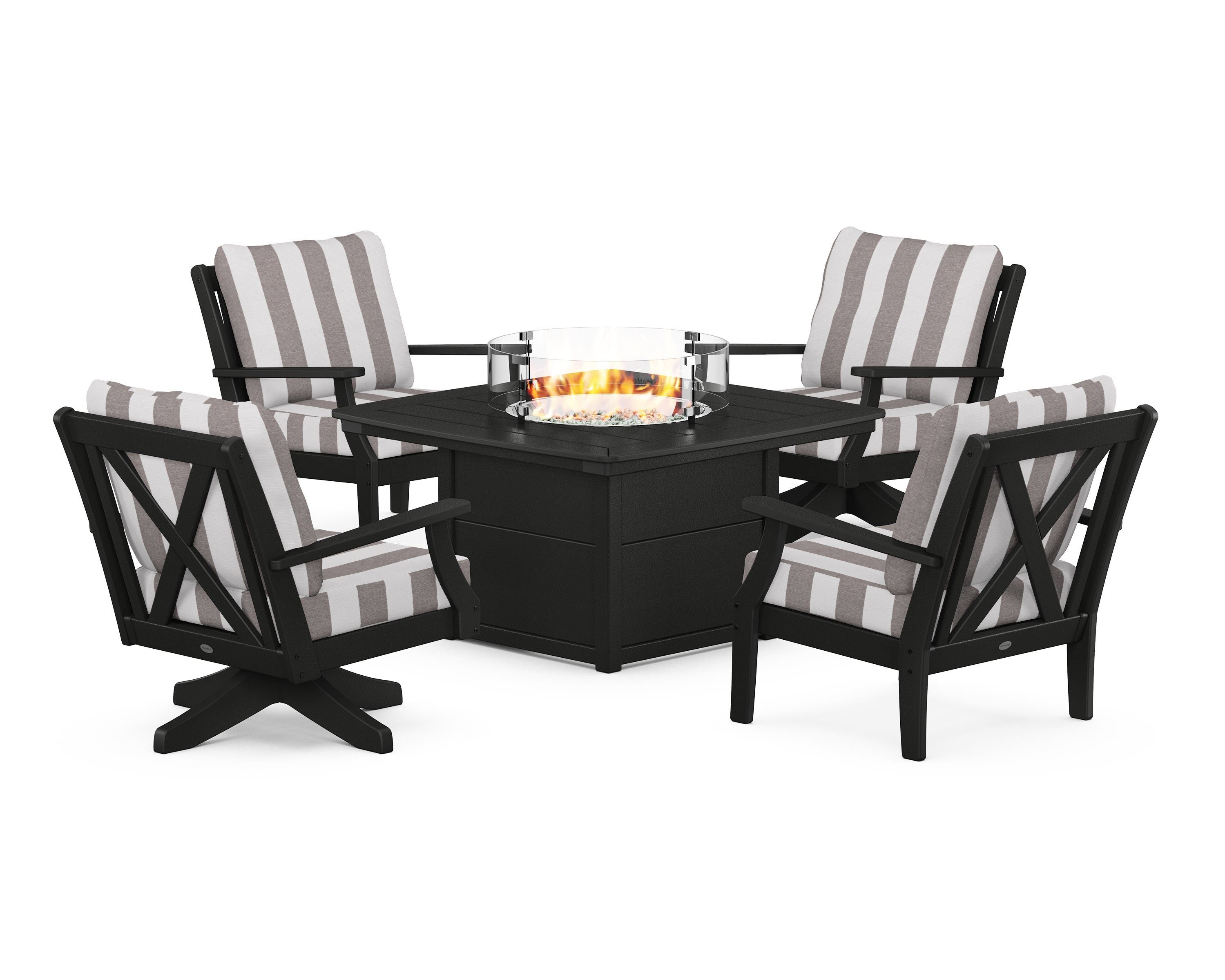POLYWOOD® Braxton 5-Piece Deep Seating Set with Fire Table in Black / Cabana Stripe Grey Mist