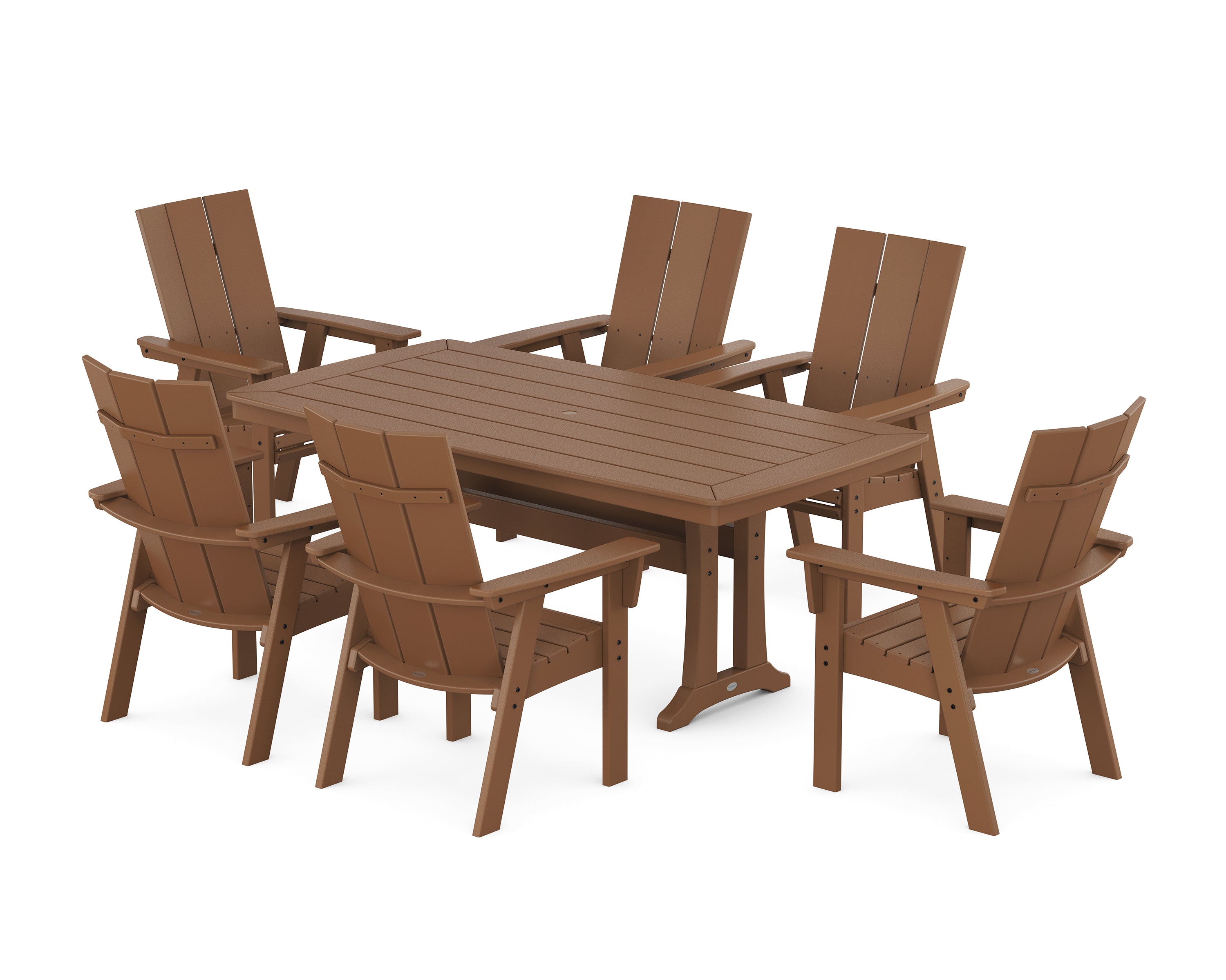 POLYWOOD® Modern Curveback Adirondack 7-Piece Dining Set with Trestle Legs in Teak