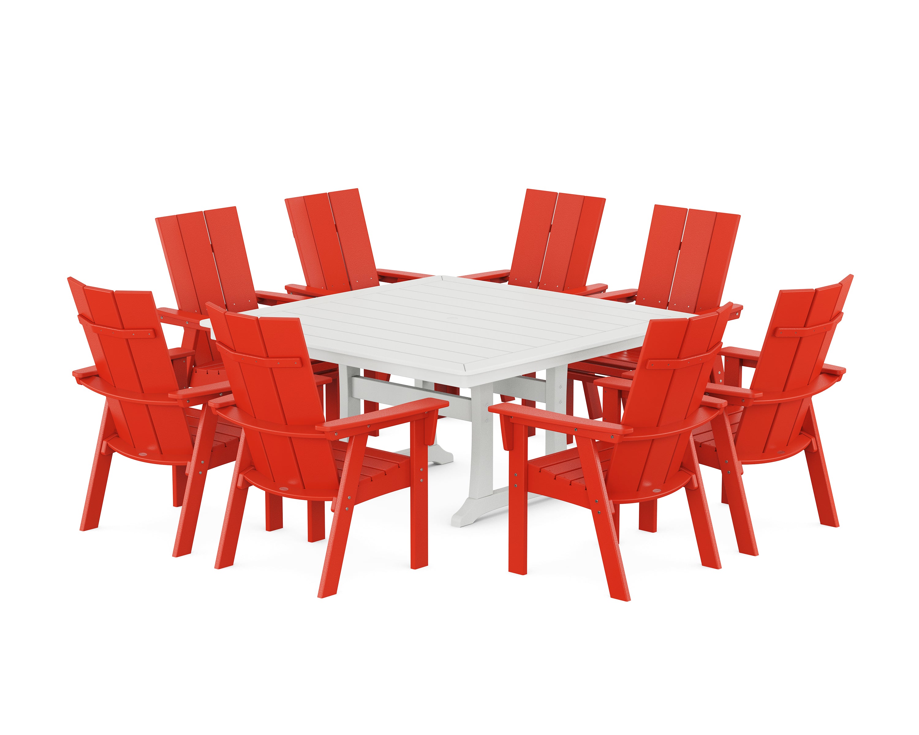POLYWOOD® Modern Curveback Adirondack 9-Piece Square Dining Set with Trestle Legs in Sunset Red / White