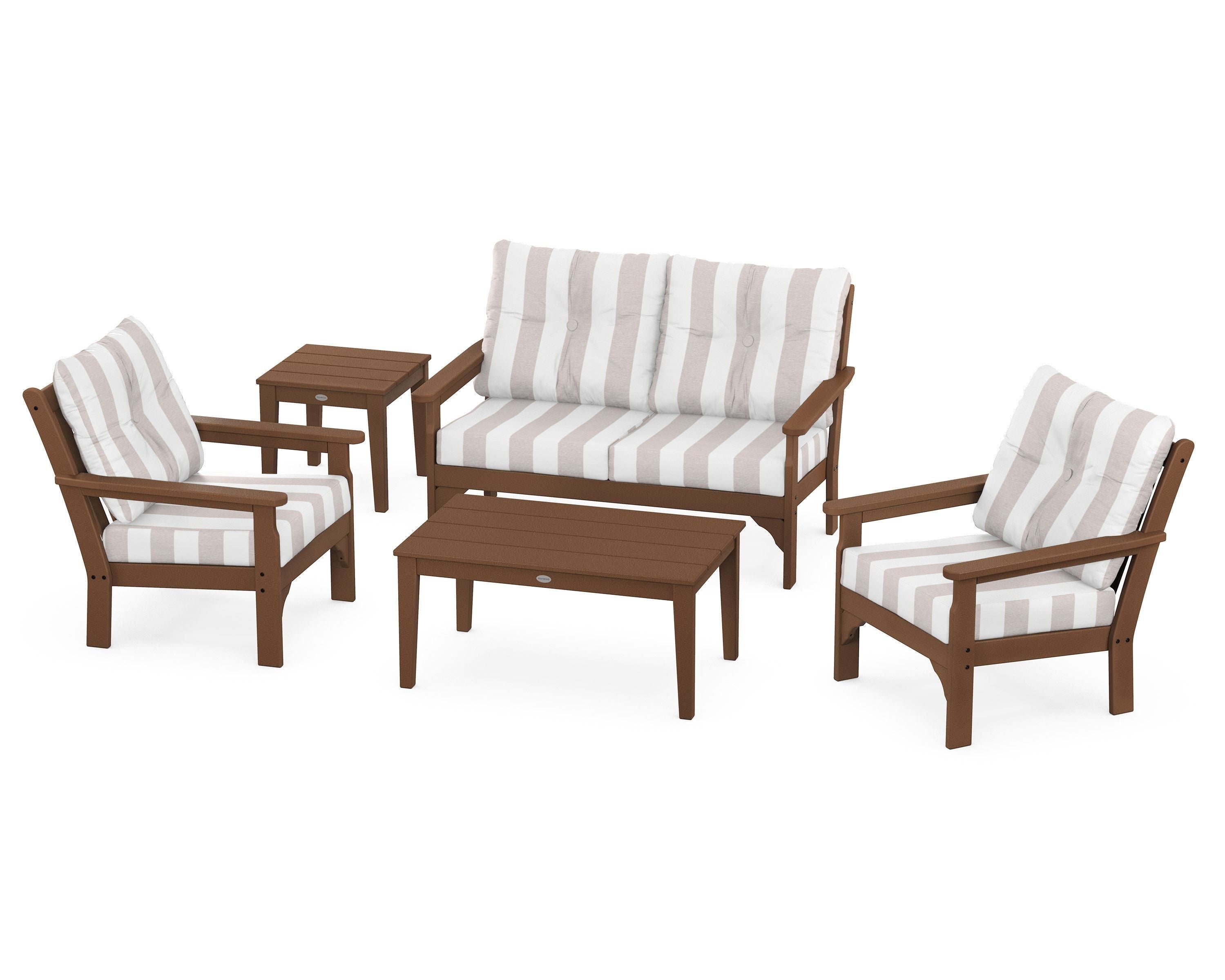 POLYWOOD® Vineyard 5-Piece Deep Seating Set in Teak / Cabana Stripe Dune Burlap
