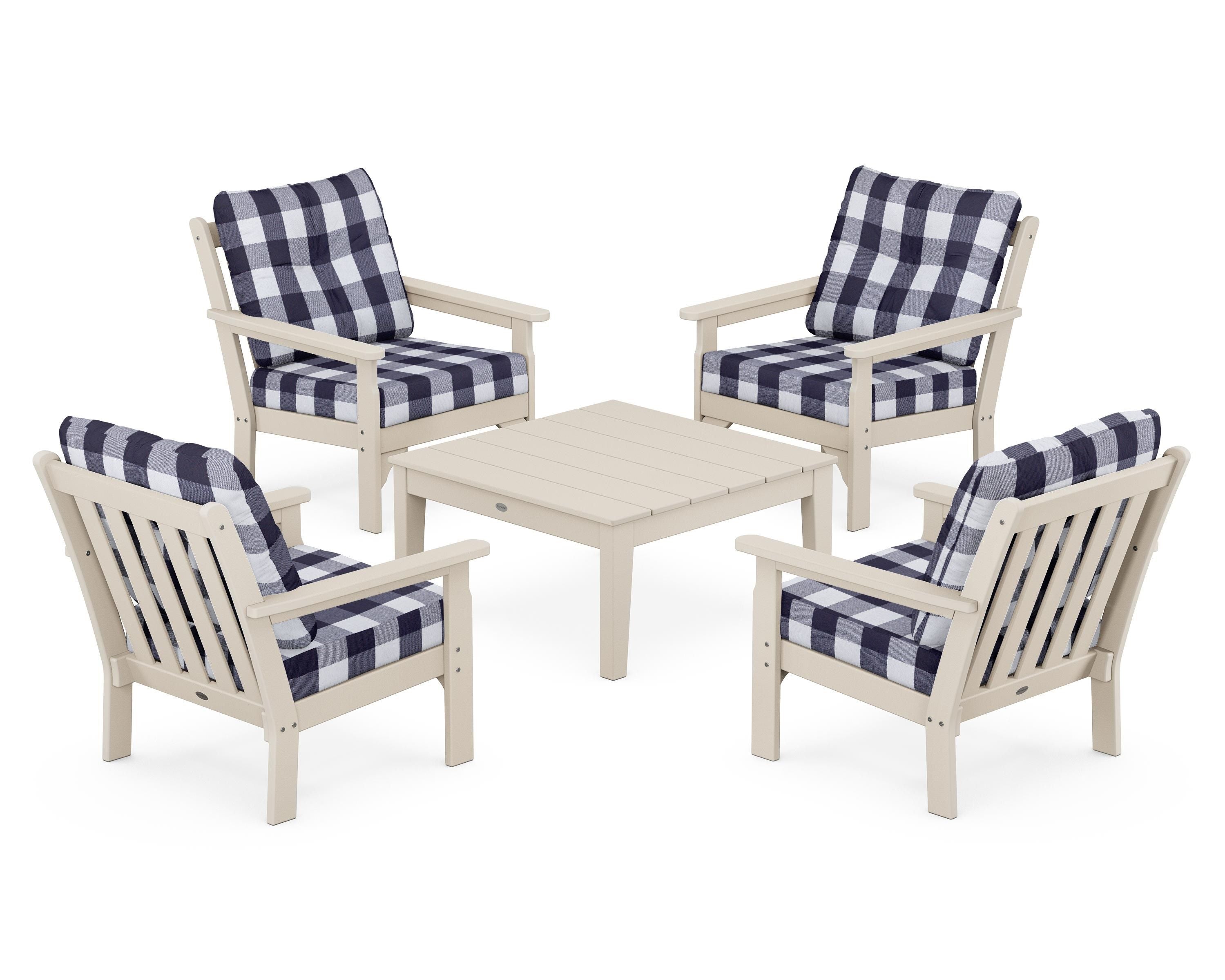 POLYWOOD® Vineyard 5-Piece Deep Seating Conversation Set in Sand / Buffalo Plaid Navy