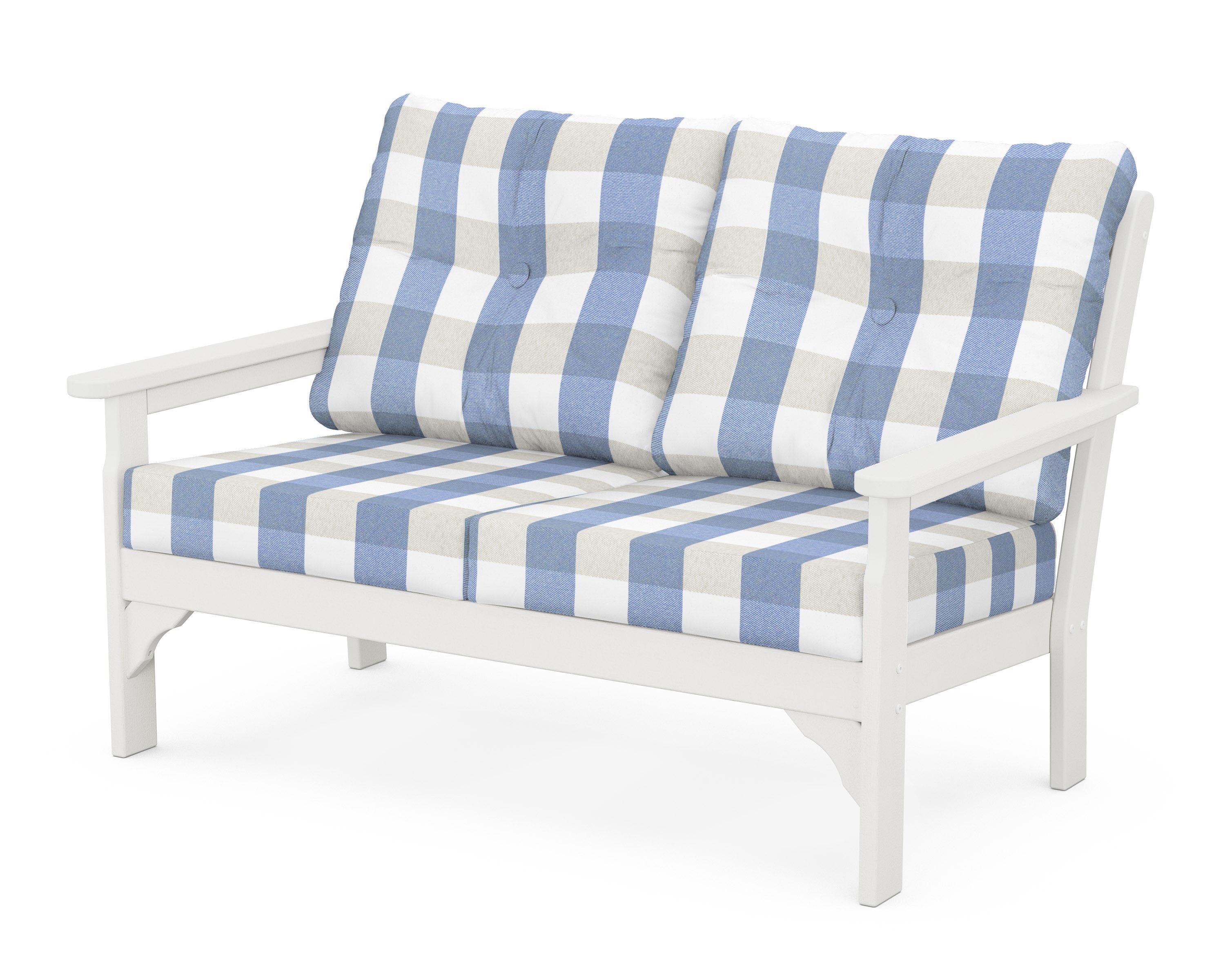 POLYWOOD® Vineyard Deep Seating Loveseat in Vintage White / Buffalo Plaid Sky Blue