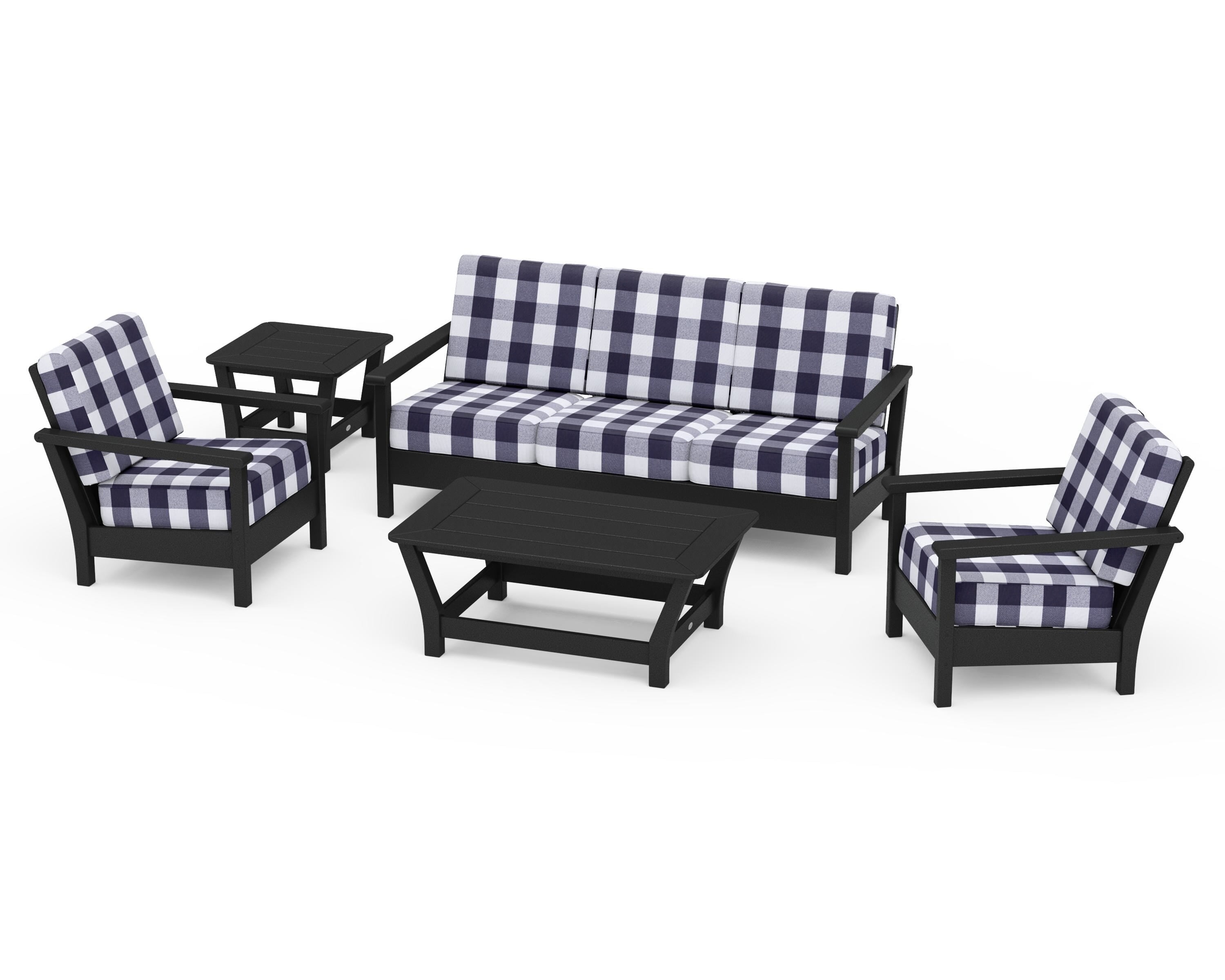 POLYWOOD® Harbour 5-Piece Deep Seating Set in Black / Buffalo Plaid Navy