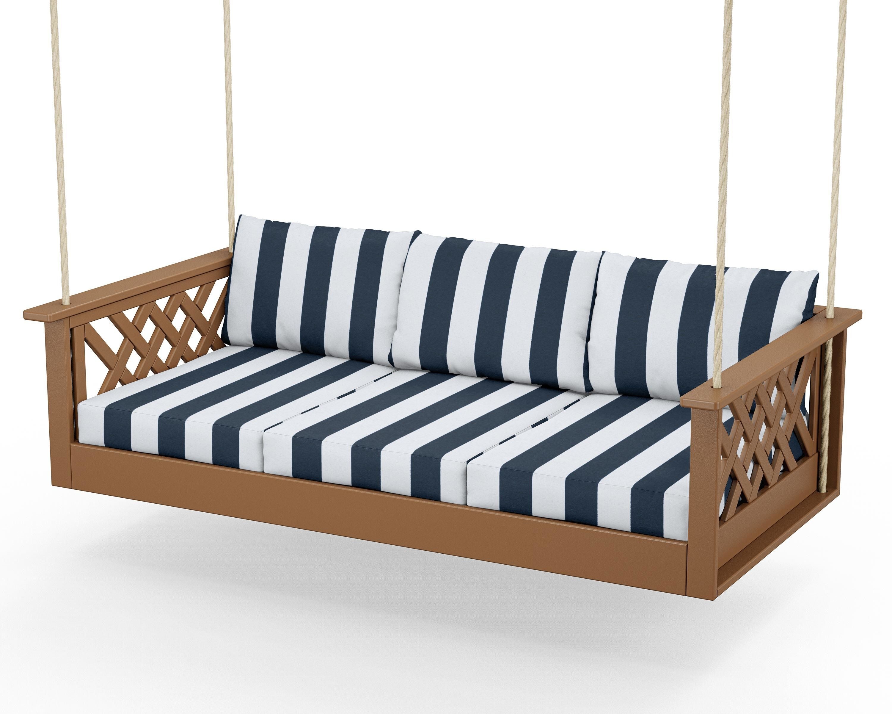 Country Living Wovendale Daybed Swing in Teak / Cabana Stripe Marine Indigo