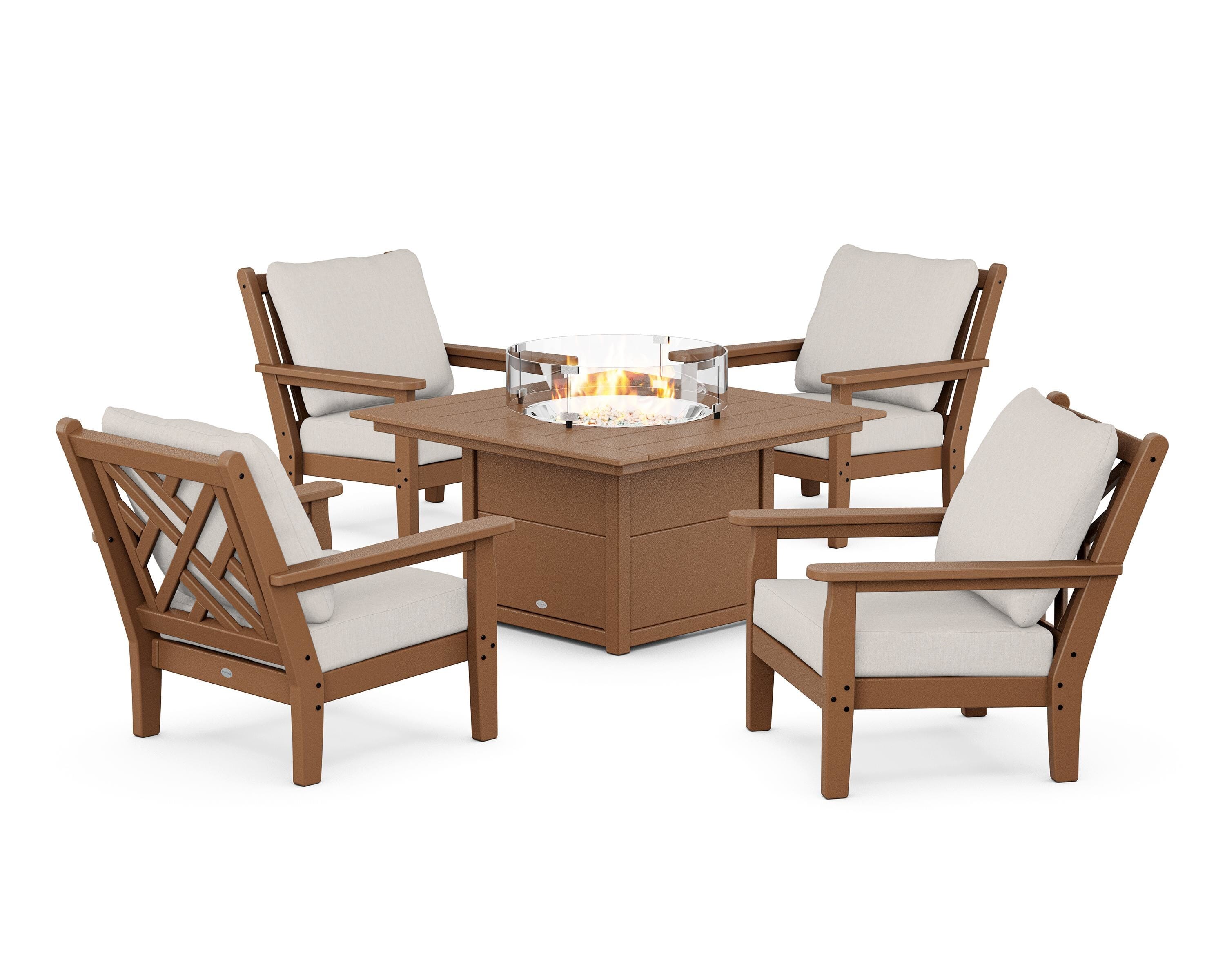 POLYWOOD® Chippendale 5-Piece Deep Seating Set with Fire Pit Table in Teak / Cast Ash