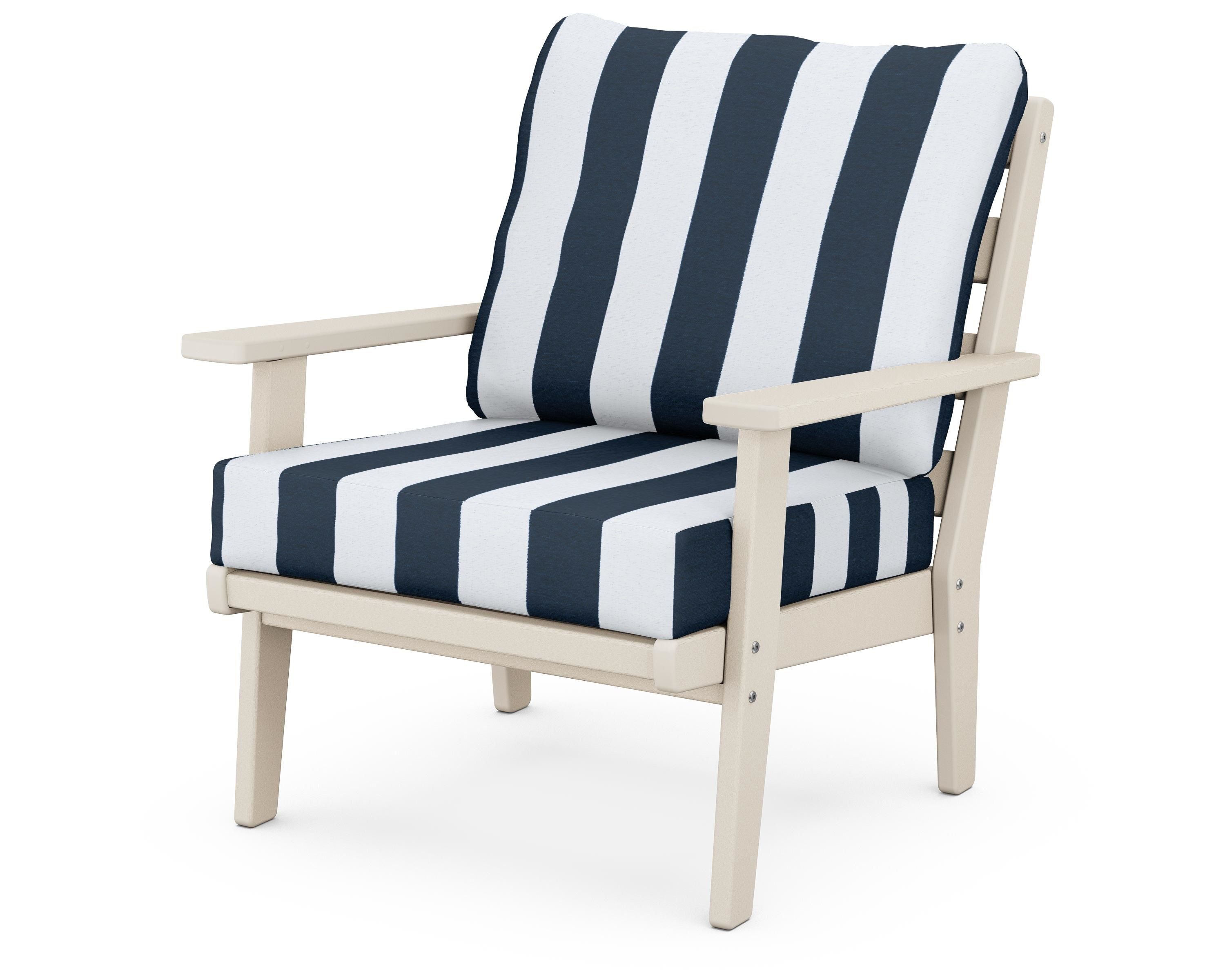 POLYWOOD® Grant Park Deep Seating Chair in Sand / Cabana Stripe Marine Indigo