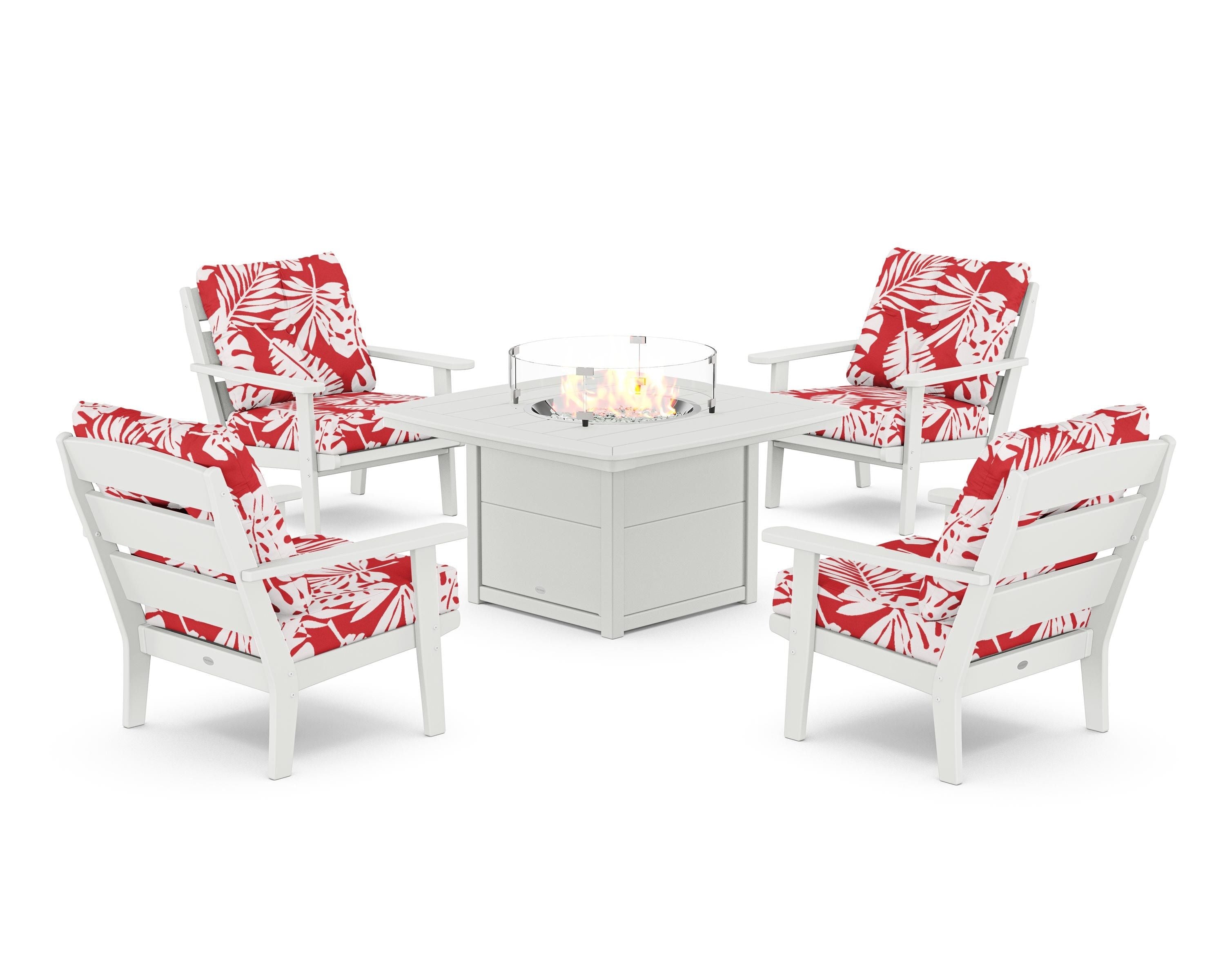 POLYWOOD® Lakeside 5-Piece Deep Seating Set with Nautical Fire Pit Table in White / Leaf Crimson