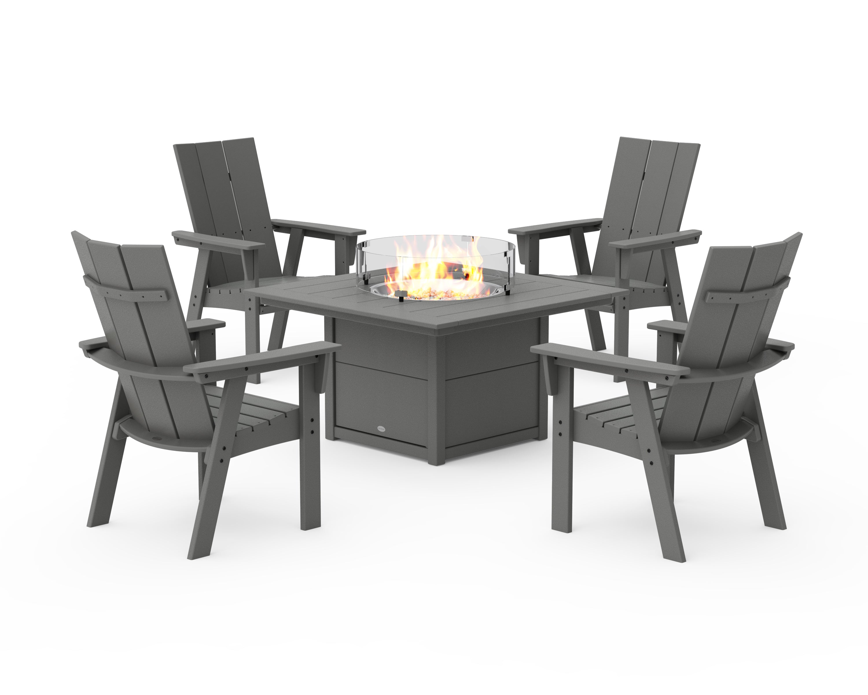 POLYWOOD® Modern 4-Piece Curveback Upright Adirondack Conversation Set with Fire Pit Table in Slate Grey