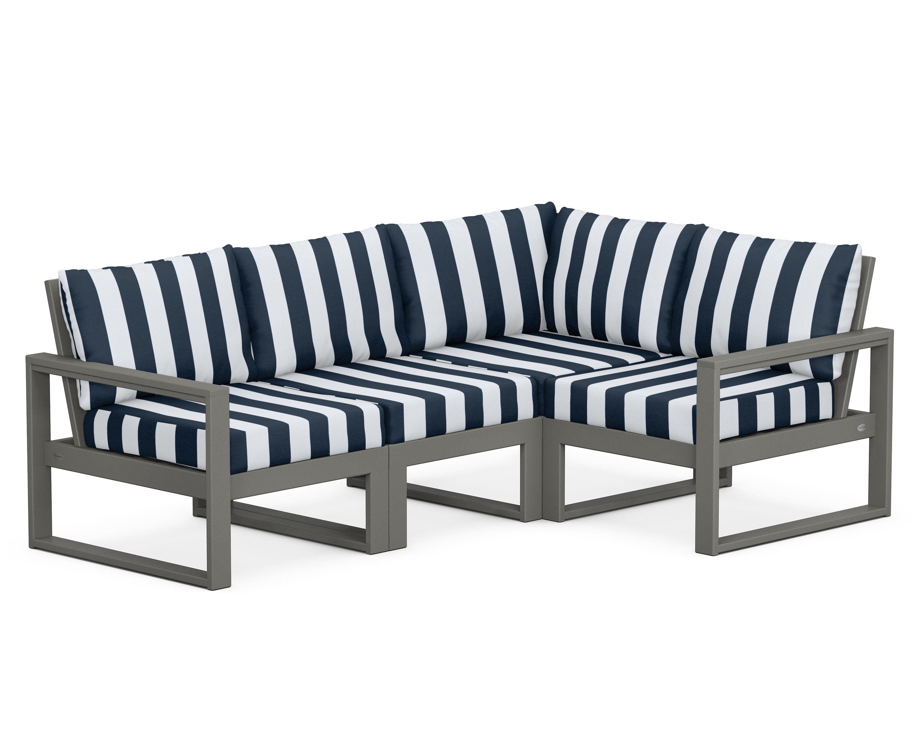 POLYWOOD® EDGE 4-Piece Modular Deep Seating Set in Slate Grey / Cabana Stripe Marine Indigo